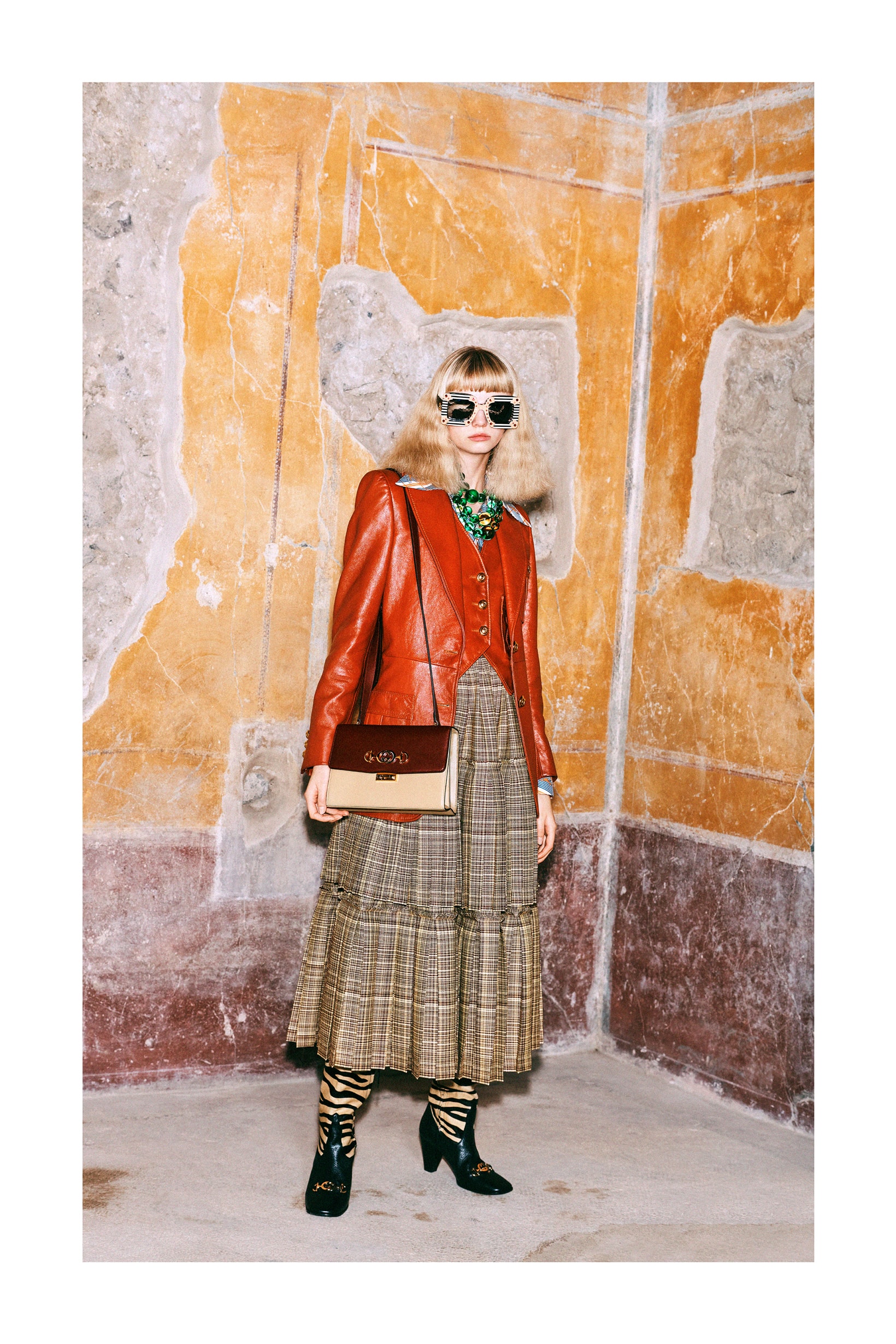 Gucci Pre-Fall 2019 Collection Lookbook Jacket Red Skirt Brown