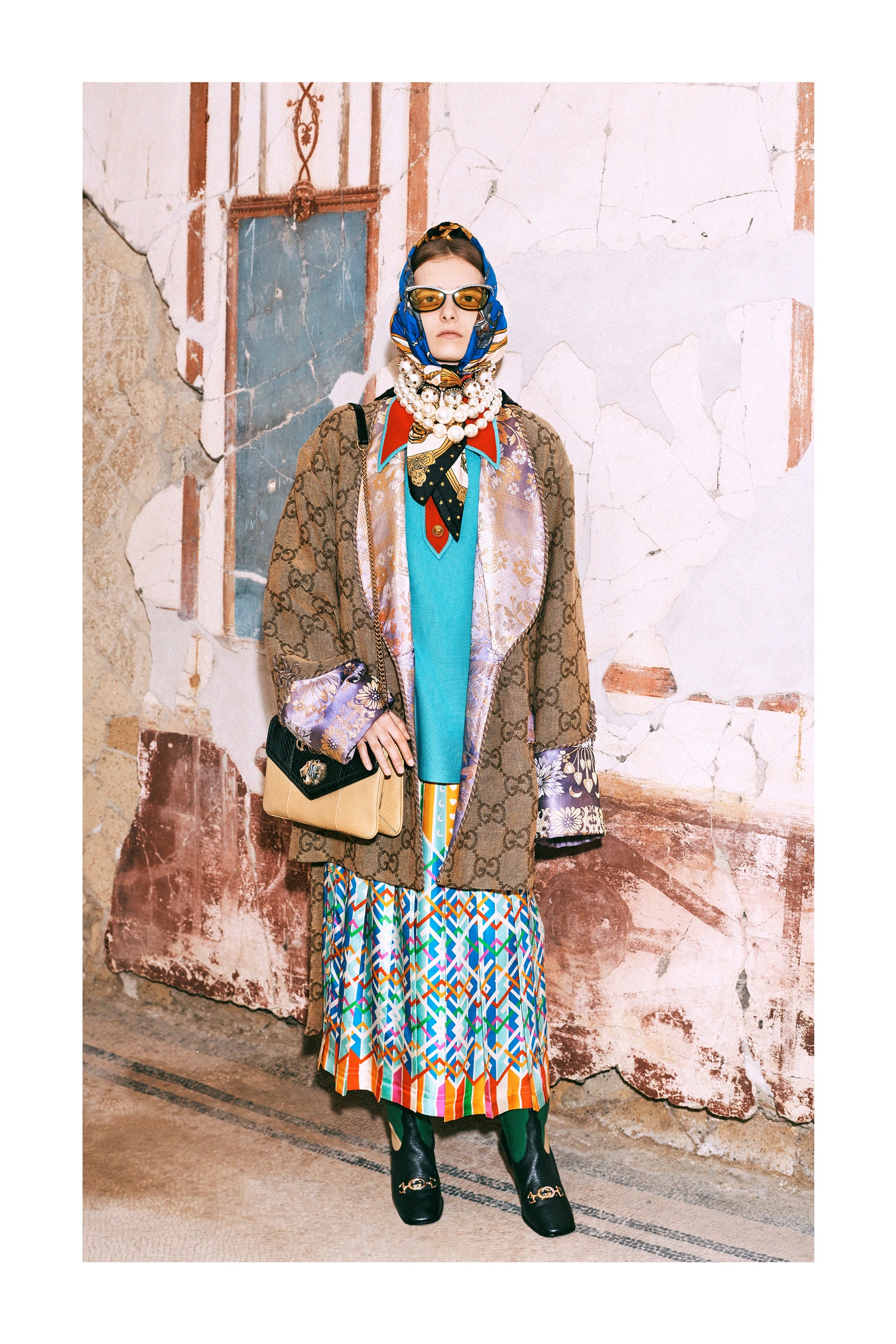 Gucci Pre-Fall 2019 Collection Lookbook Logo Shawl Brown Top Skirt Teal Glasses Yellow
