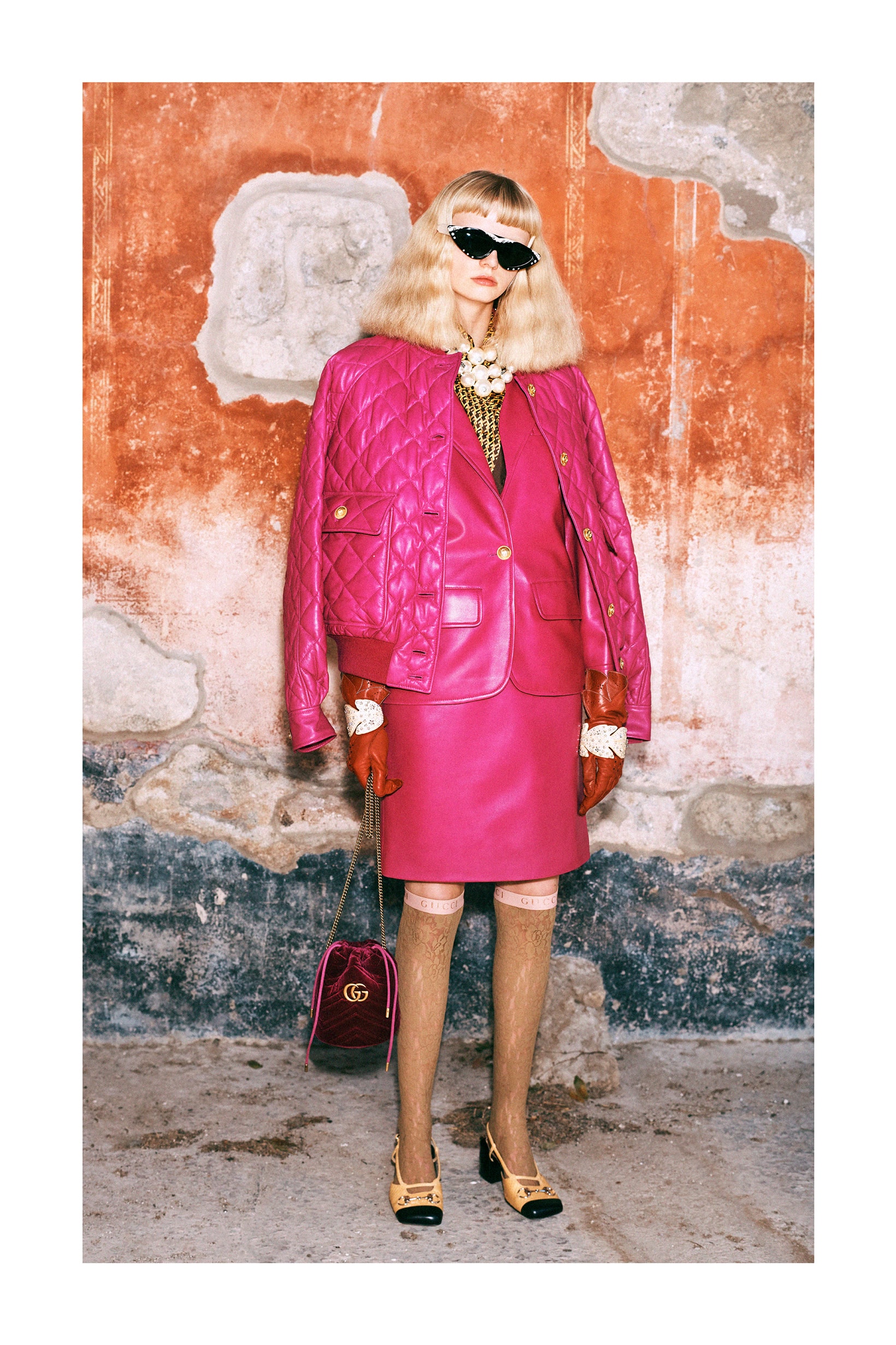 Gucci Pre-Fall 2019 Collection Lookbook Blazer Skirt Pink Boots Shoes Brown