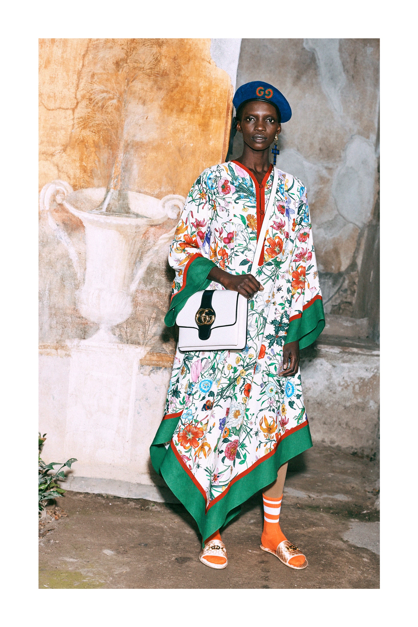 Gucci Pre-Fall 2019 Collection Lookbook Scarf Dress White Green Red Socks Orange