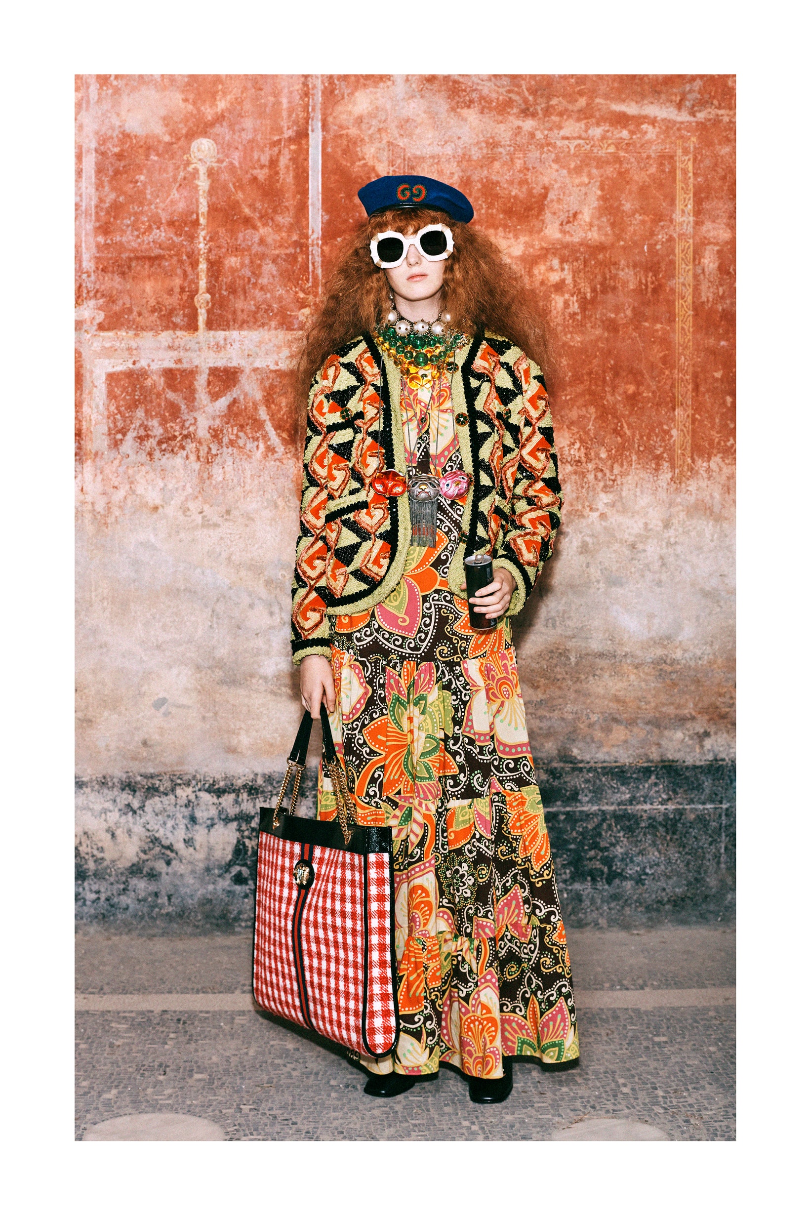 Gucci Pre-Fall 2019 Collection Lookbook Cardigan Skirt Orange Black Green