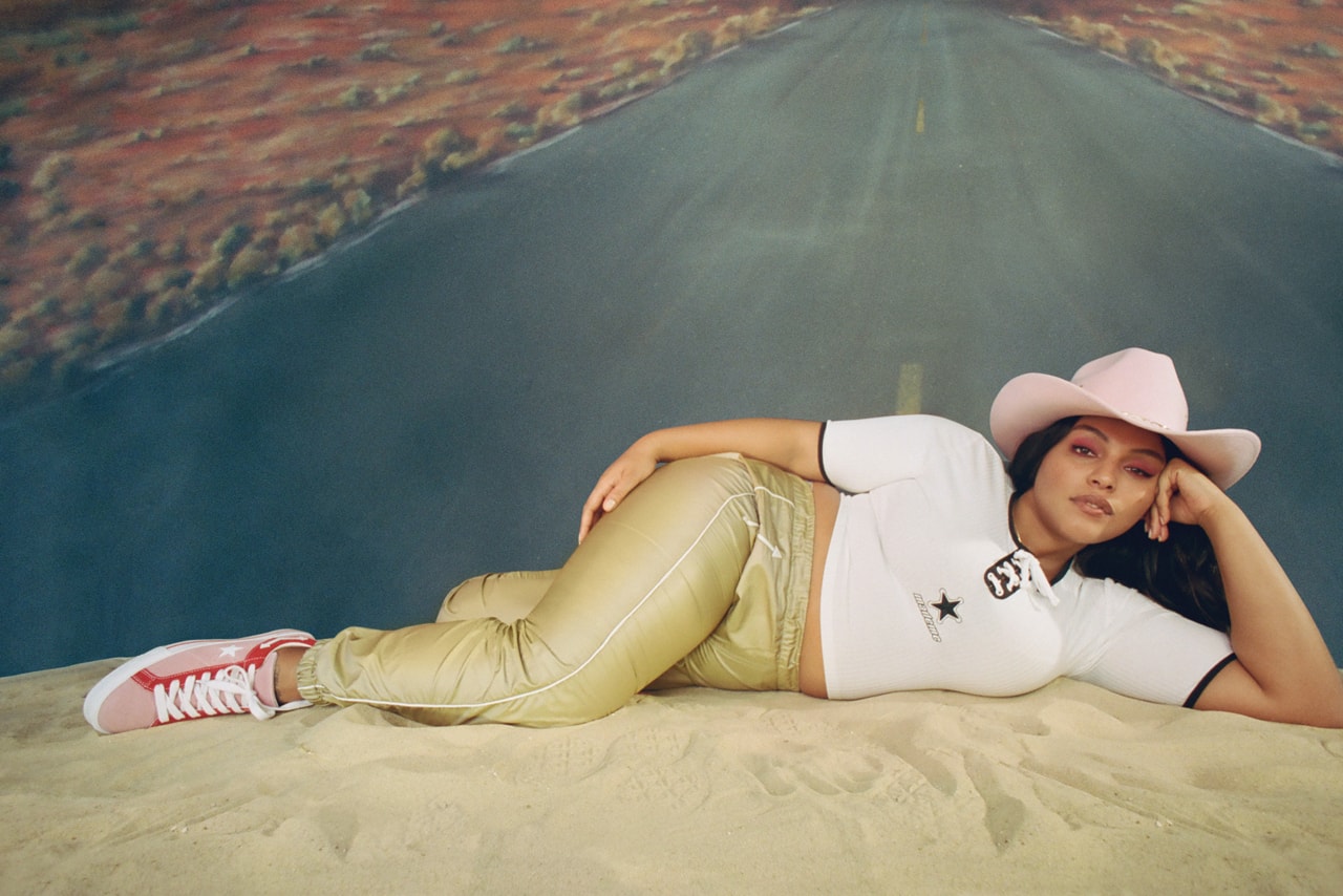 MadeMe x Converse Collaboration Paloma Elsesser One Star Pink Shirt White Pants Tan Campaign