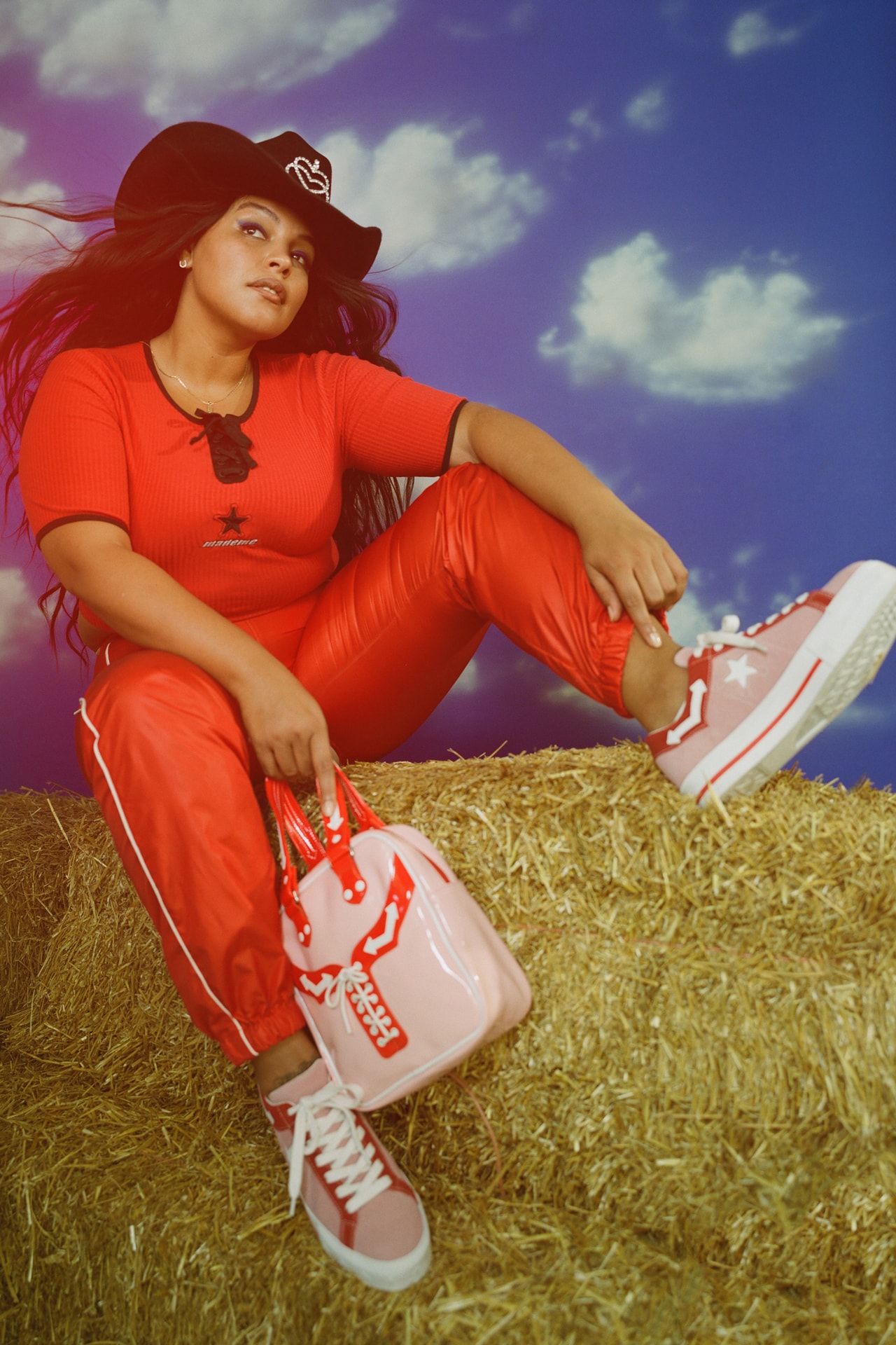 MadeMe x Converse Collaboration Paloma Elsesser One Star Pink Shirt Pants Red One Star Mini Bag Campaign