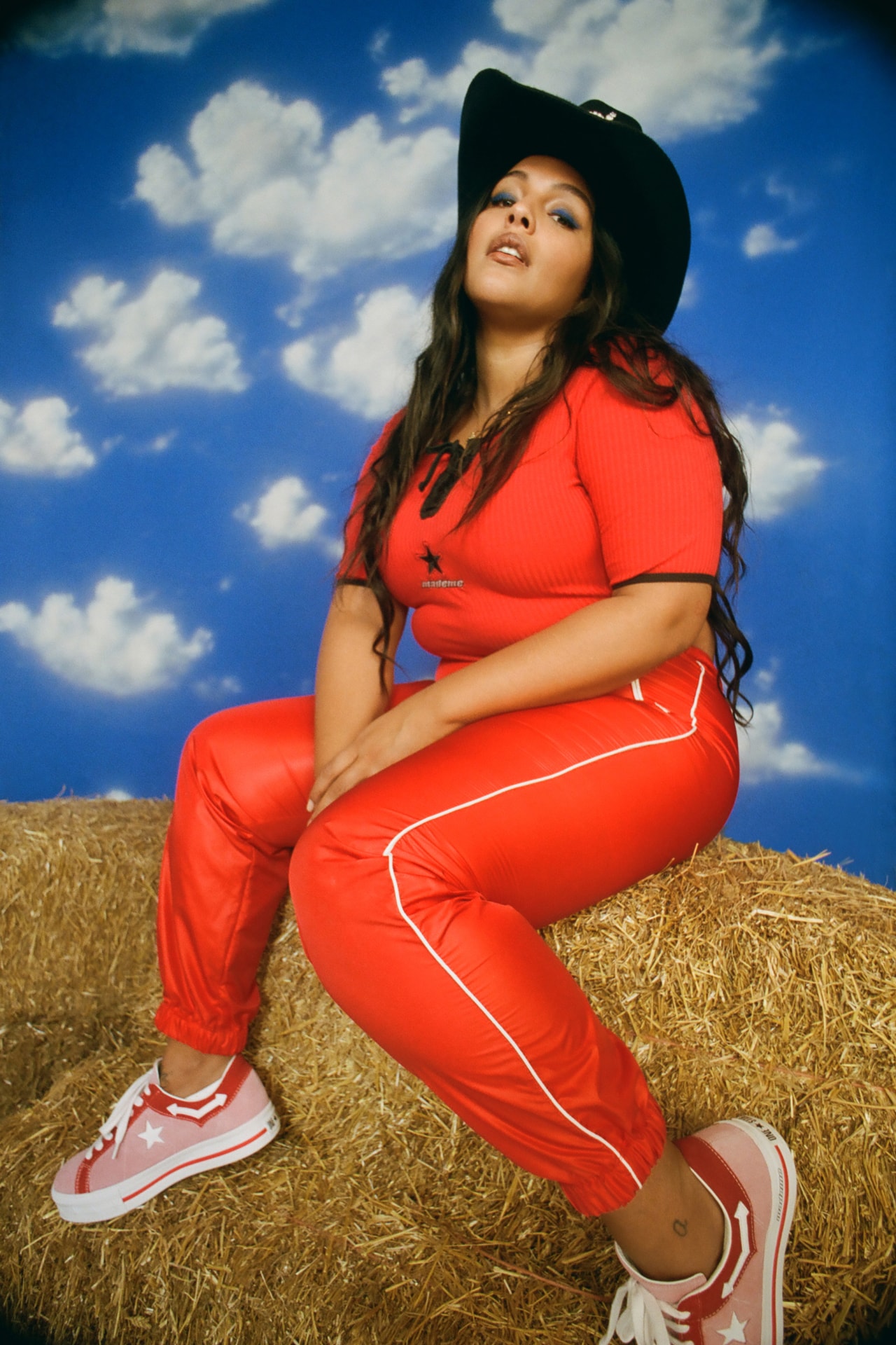 MadeMe x Converse Collaboration Paloma Elsesser One Star Pink Shirt Pants Red Campaign