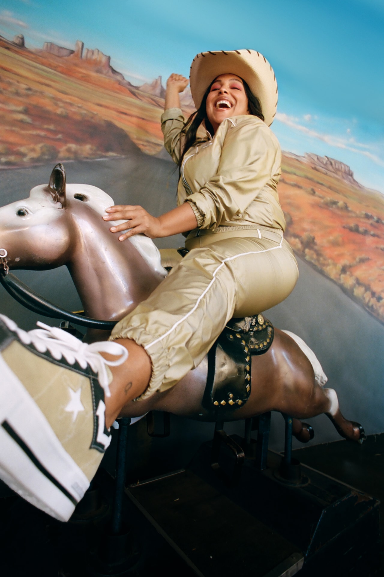 MadeMe x Converse Collaboration Paloma Elsesser One Star Tan Jacket Pants Campaign