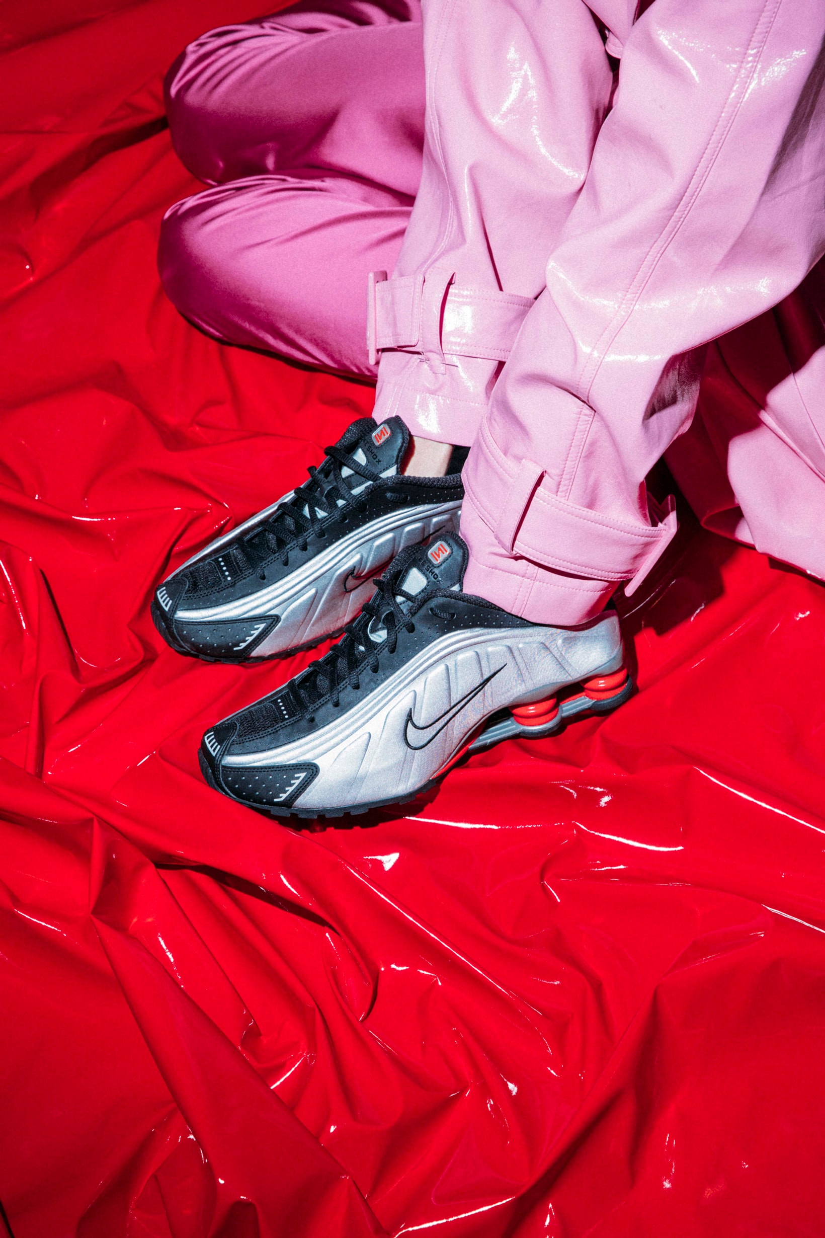 Nike Shox Launch Editorial Silver Black Red Pants Pink
