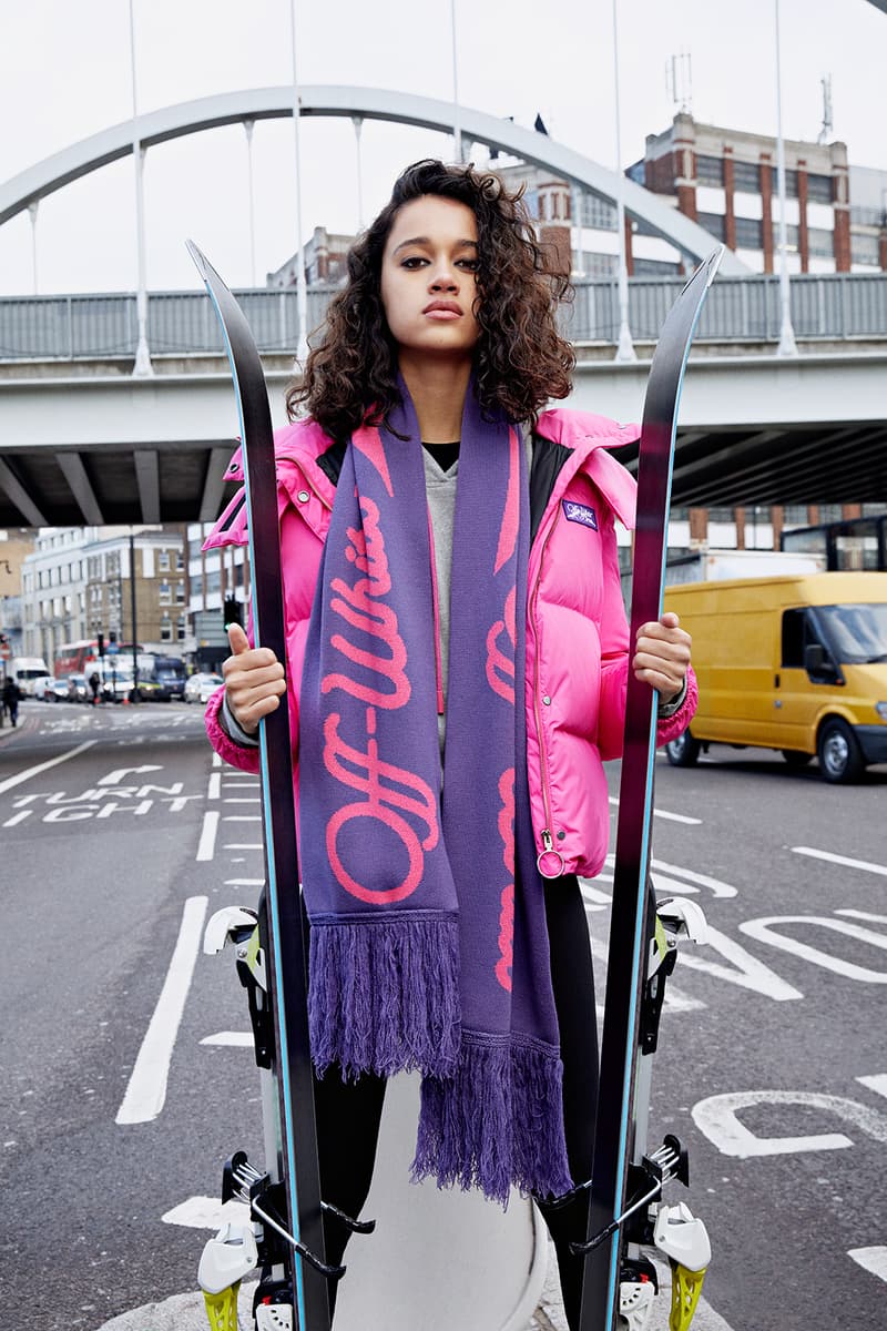 offwhite virgil abloh mytheresa skiwear collab collection puffer jacket scarves leggings headbands gloves bodysuits