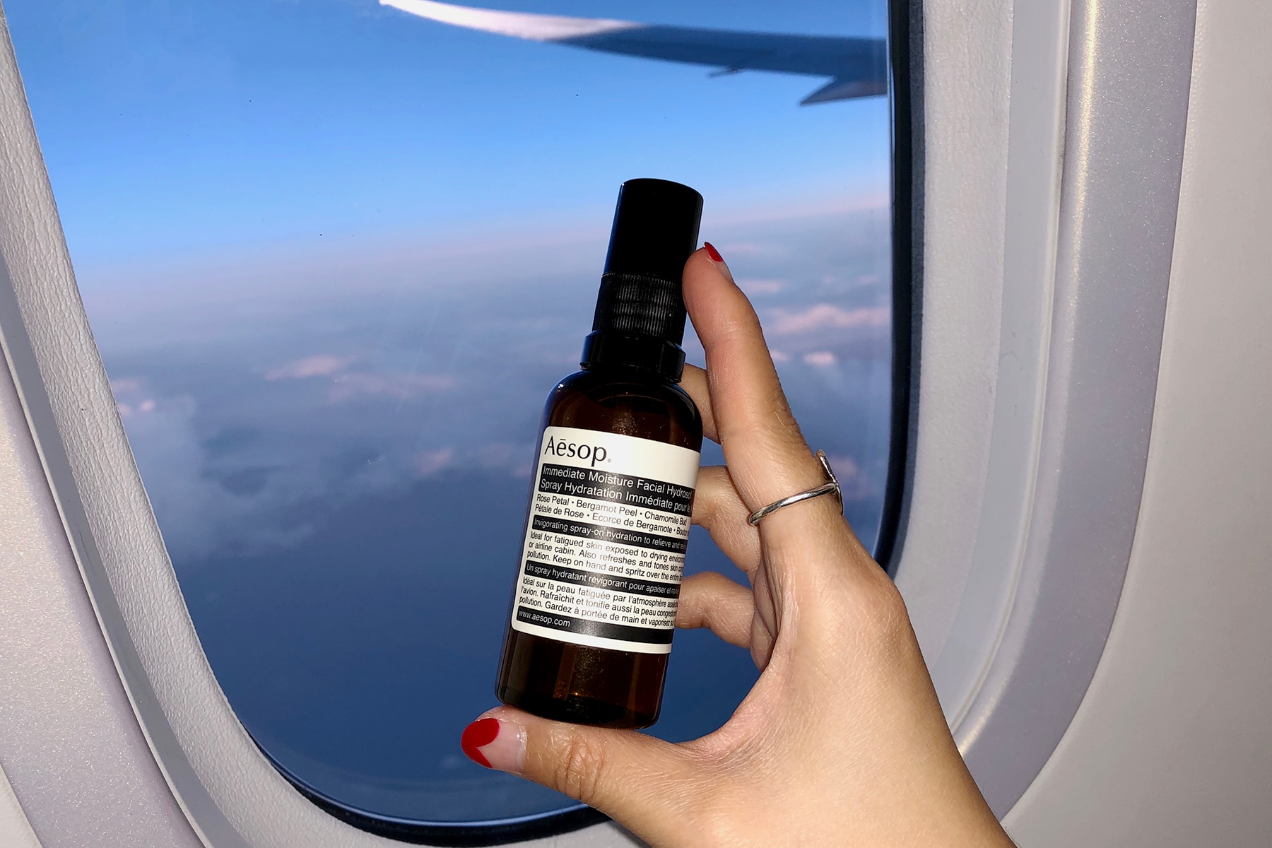Aesop Immediate Moisture Facial Hydrosol Face Mist Spray Gelcream Travel Skincare Essentials Long Haul Flight Plane Window Seat Beauty