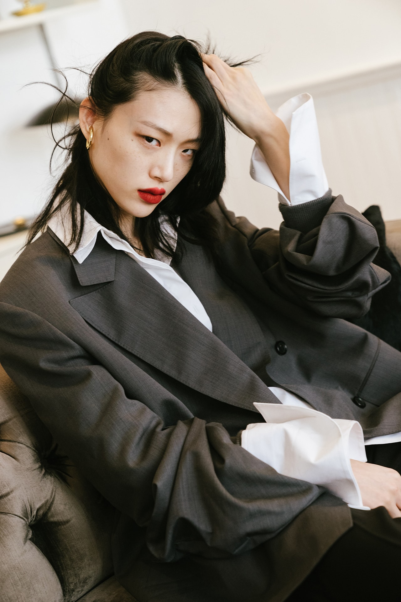 Sora Choi Korean Model Makeup Skincare Beauty Essentials Red Lip Black Hair Asian Supermodel suit white shirt