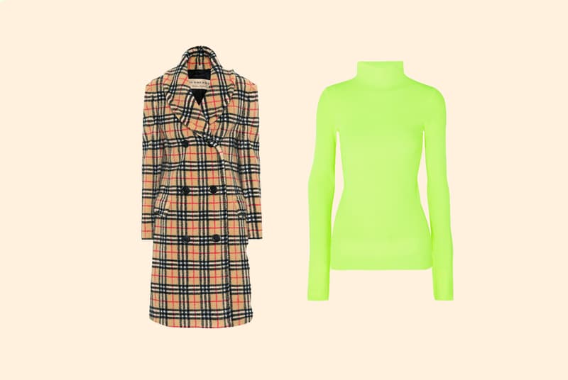 Burberry Vintage Check Faux Fur Coat Tan Red Black Helmut Lang Mock Neck Turtleneck Neon Green