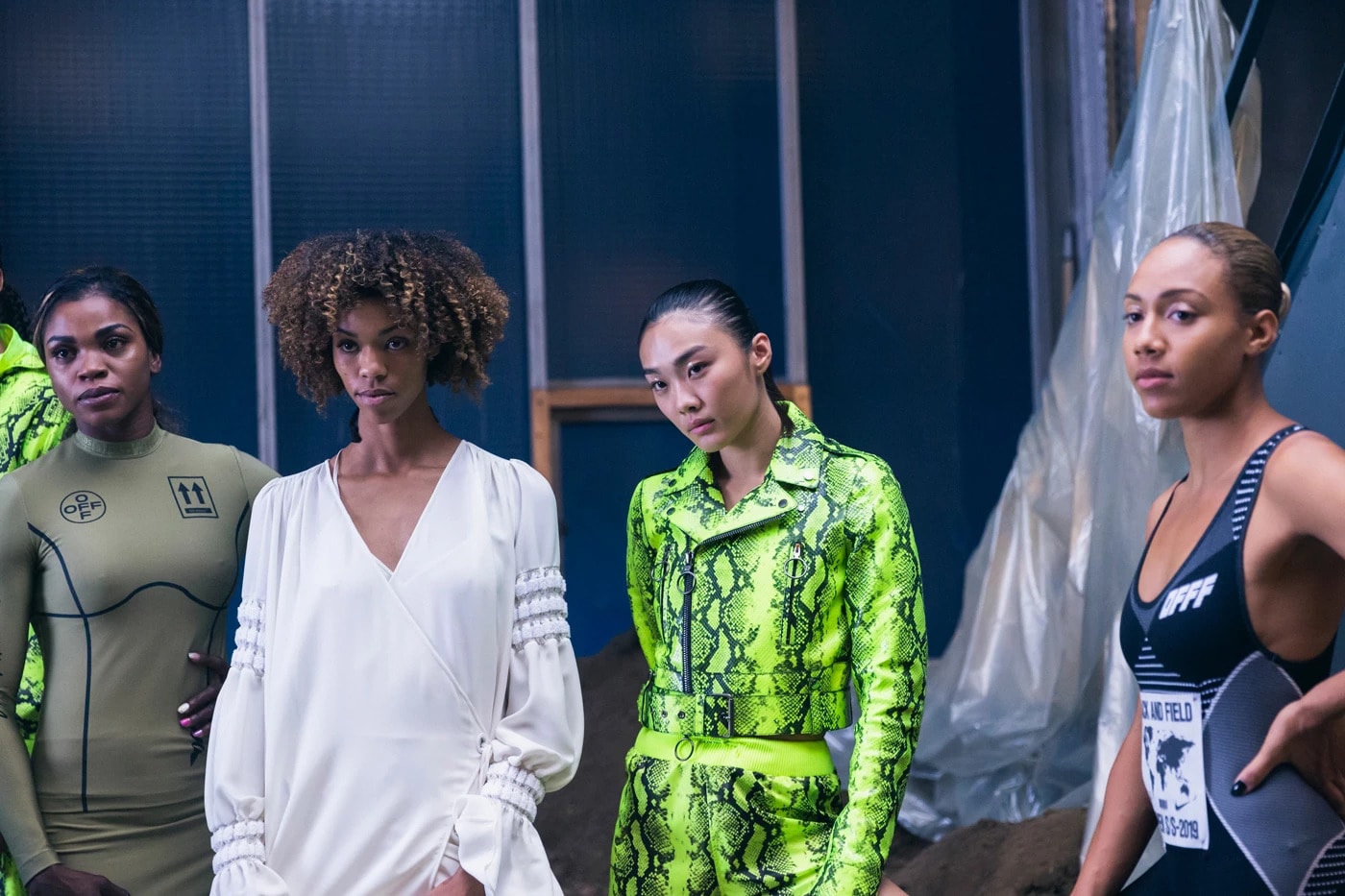Off-White Virgil Abloh Paris Fashion Week Spring Summer 2019 Backstage Tops Green White Snakeskin Print Neon Yellow
