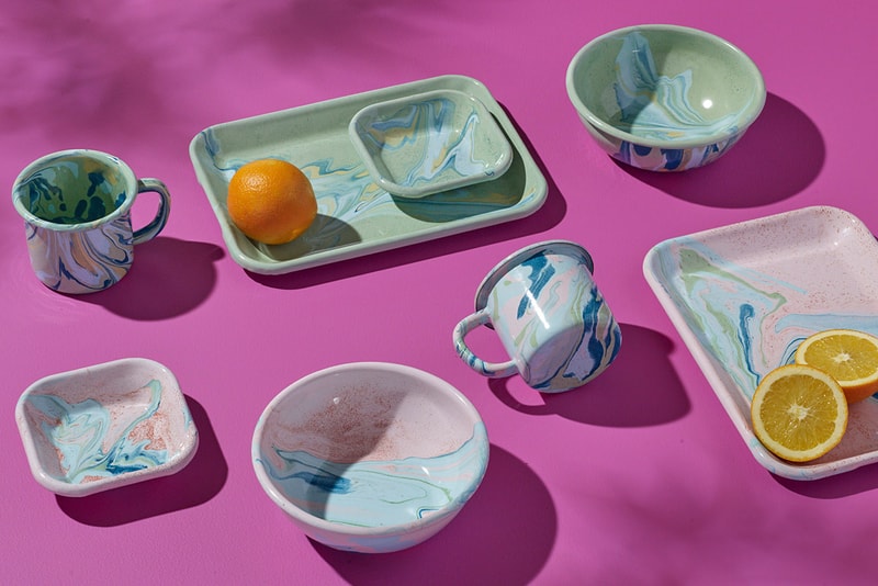 swirl enamel enamelware lifestyle kitchen mug plates dishes