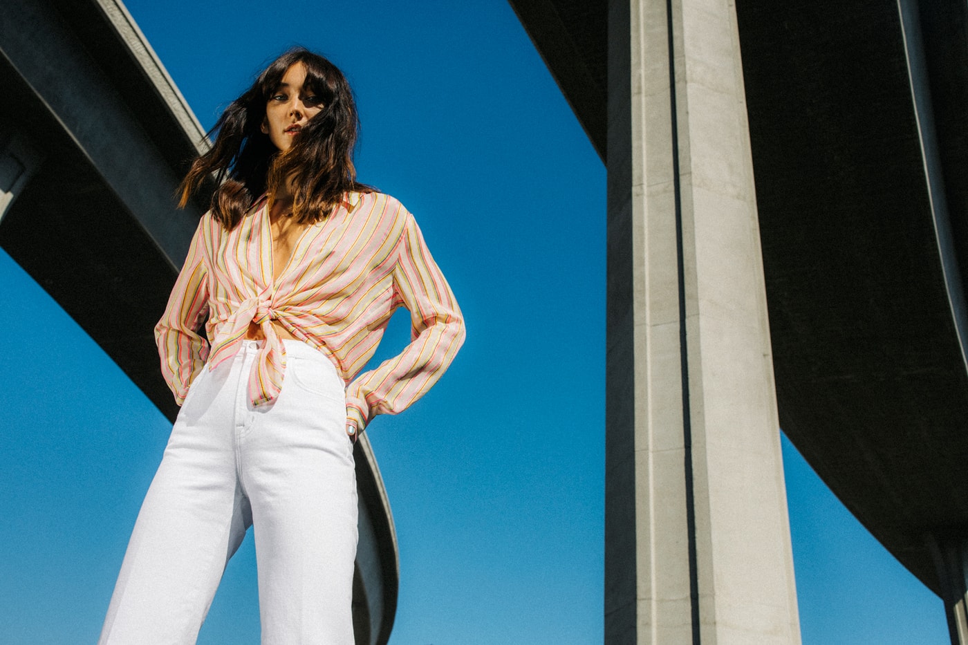 J Brand Spring 2019 Campaign Top Yellow Pink Pants White