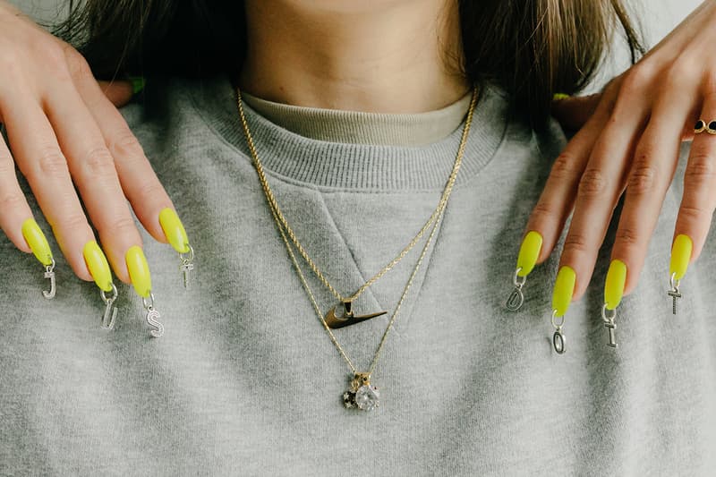 Jessica Washick Nike Air Force 1 AF1 Designer Nail Artist Just Do It Manicure Neon Yellow Swoosh Pendant Necklace Nails