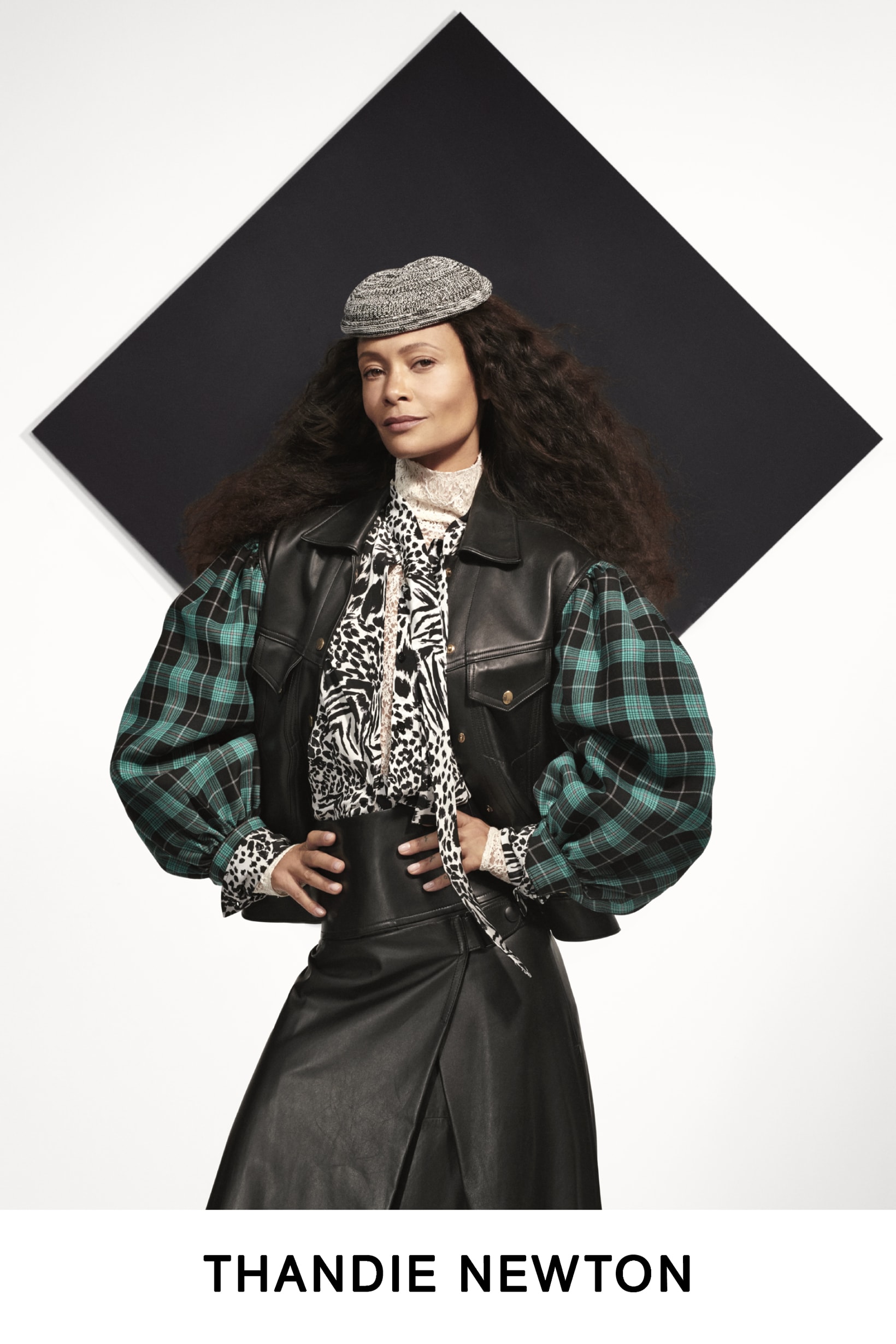 Louis Vuitton Pre-Fall 2019 Lookbook Thandie Newton Jacket Black Green Hat Grey