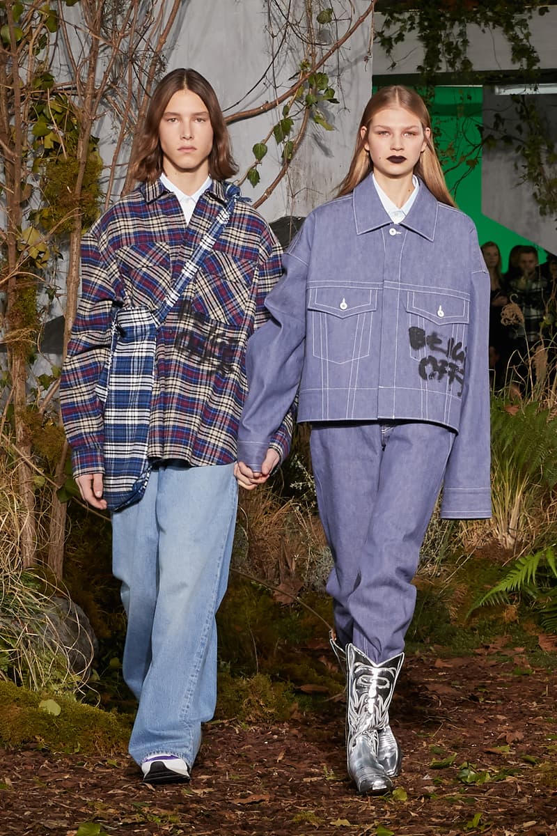 Off-White Virgil Abloh Fall Winter 2019 Paris Fashion Week Show Collection Backstage Plaid Coat Navy Grey Denim Jacket Blue