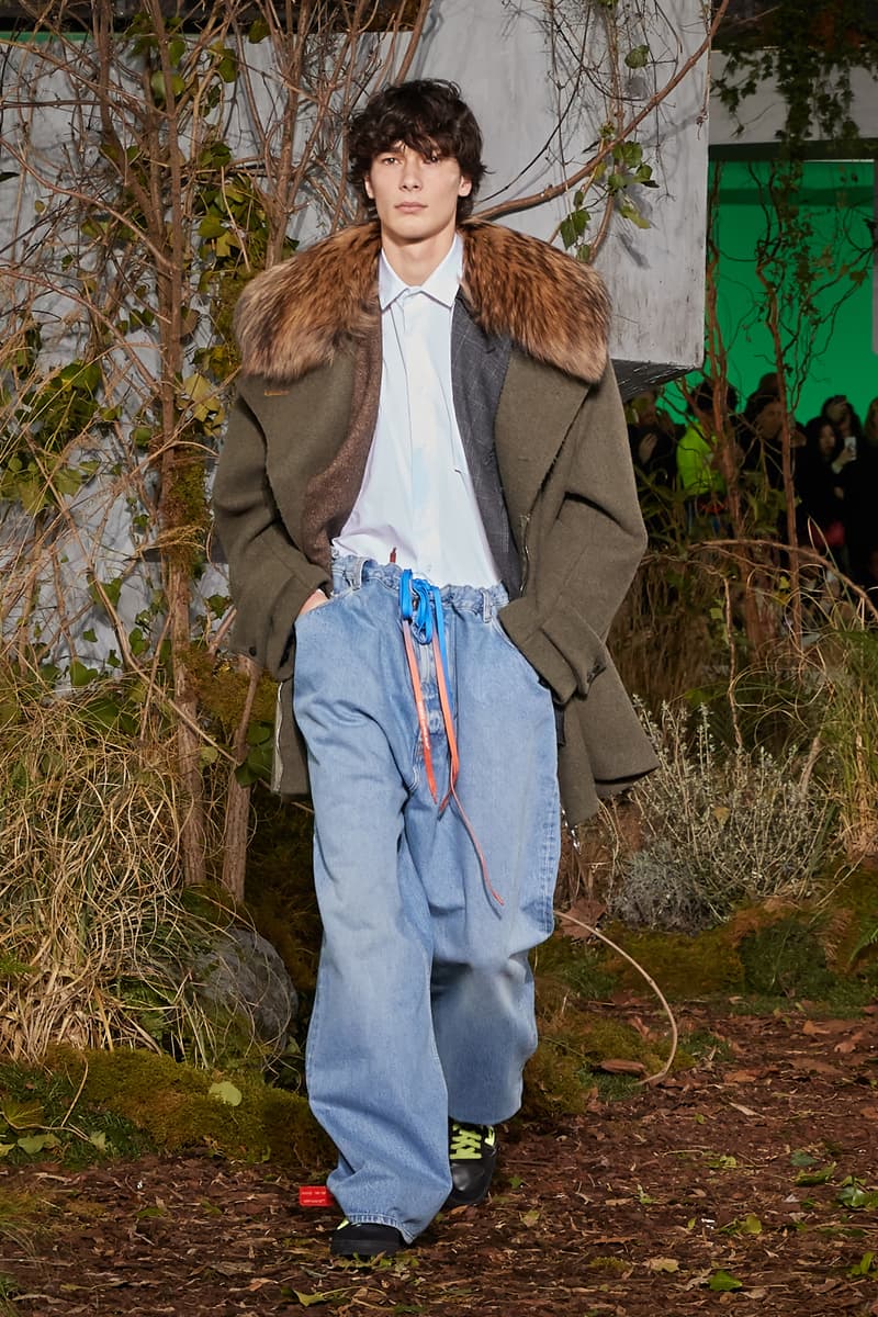 Off-White Virgil Abloh Fall Winter 2019 Paris Fashion Week Show Collection Backstage Coat Green Shirt White Pants Blue