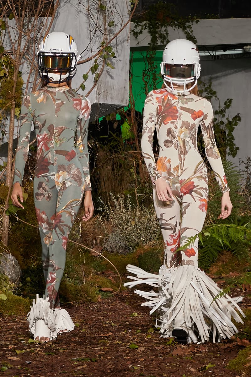 Off-White Virgil Abloh Fall Winter 2019 Paris Fashion Week Show Collection Backstage Floral Bodysuits Grey Tan Helmets White