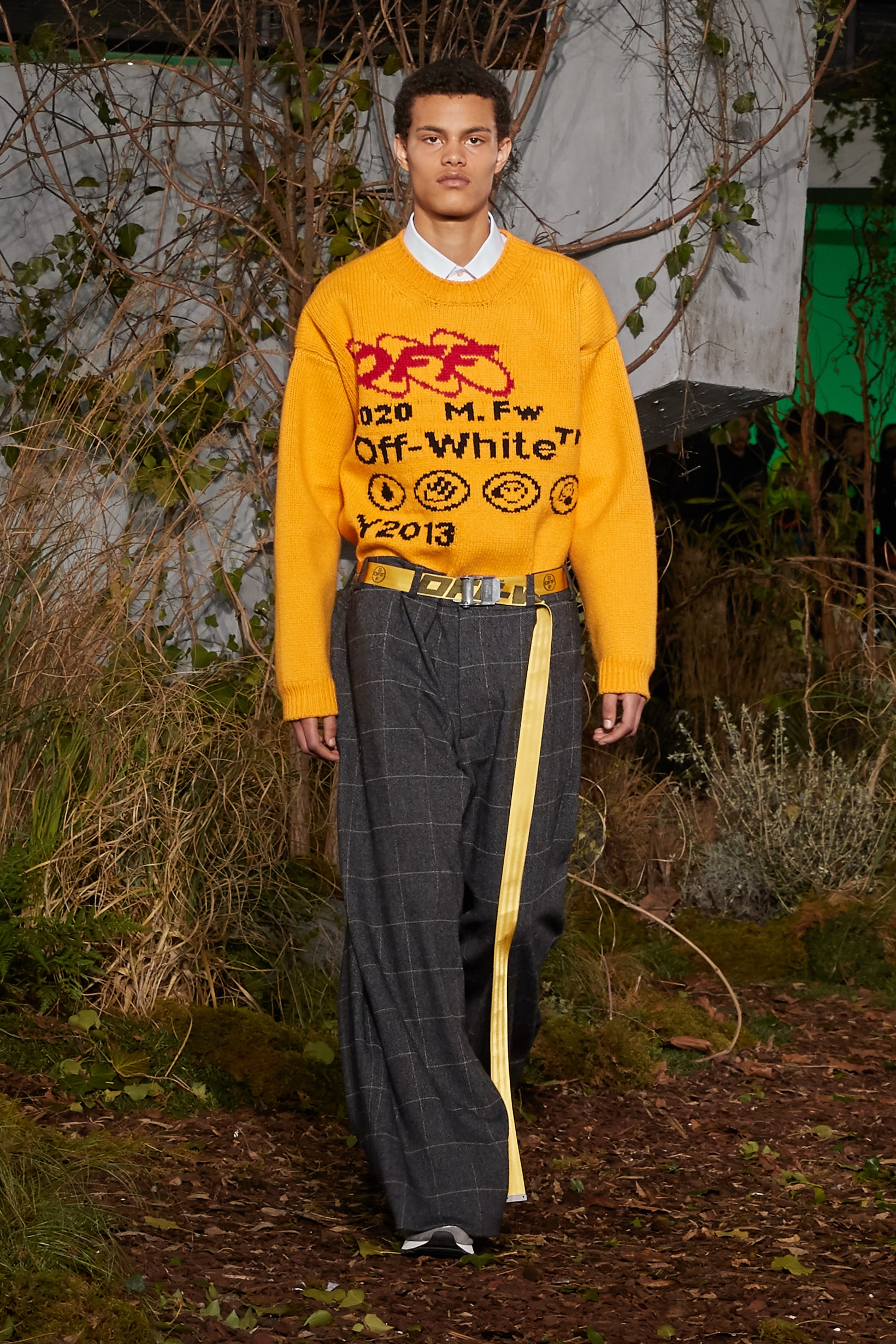 Off-White Virgil Abloh Fall Winter 2019 Paris Fashion Week Show Collection Backstage Sweater Yellow Pants Grey