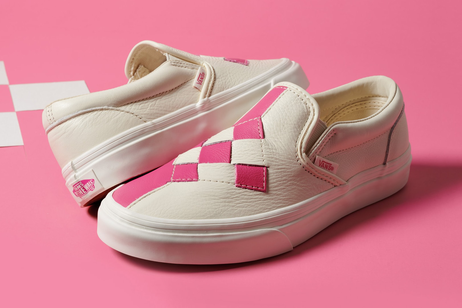 Vans Woven Leather Checkerboard Slip-On Sneakers Pink Cream White Black