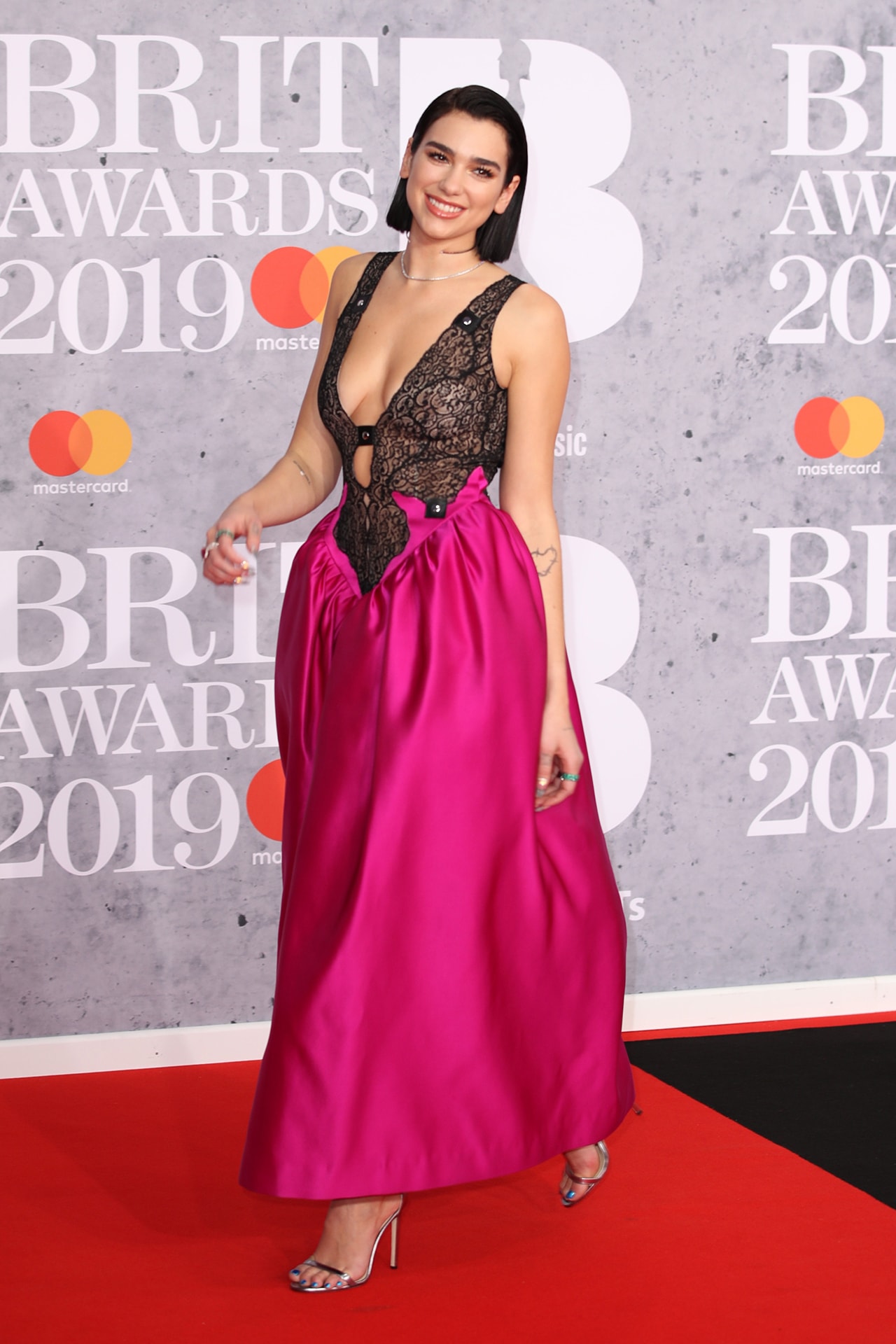 Dua Lipa Brit awards 2019 red carpet dress pink black lace