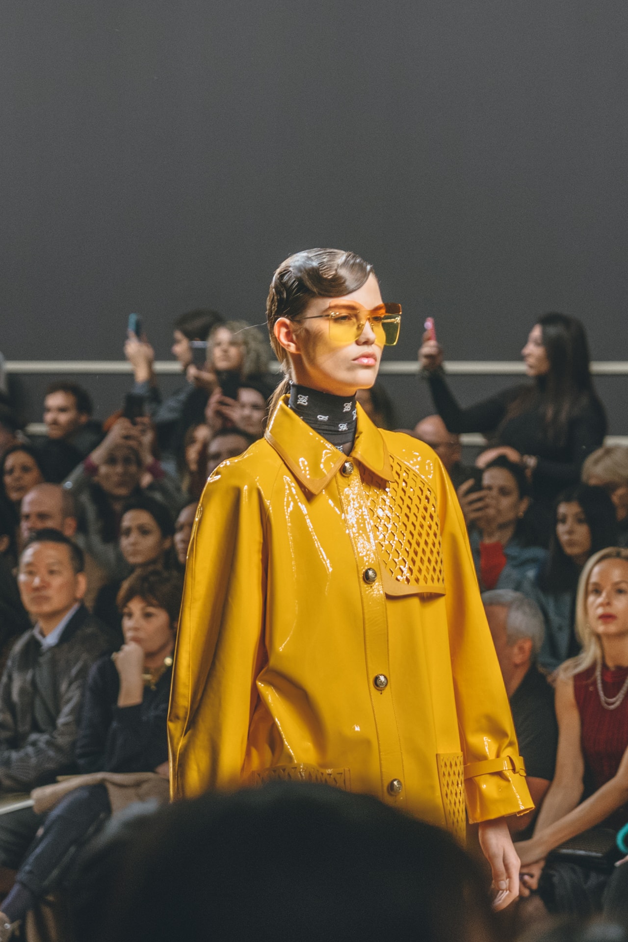 karl lagerfeld fall winter 2019 fw19 milan fashion week final last runway show finale model yellow sunglasses coat