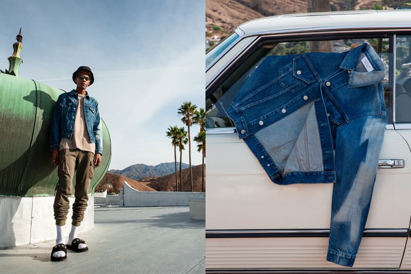 John Elliott Spring Summer 2019 Lookbook Jacket Blue Shirt Tan Pants Green Sandals Black