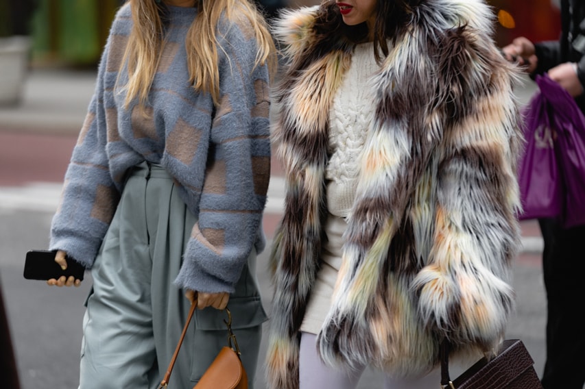 New York Fashion Week Fall Winter 2019 Street Style Snaps Sweater Blue Faux Fur Coat Cream Brown