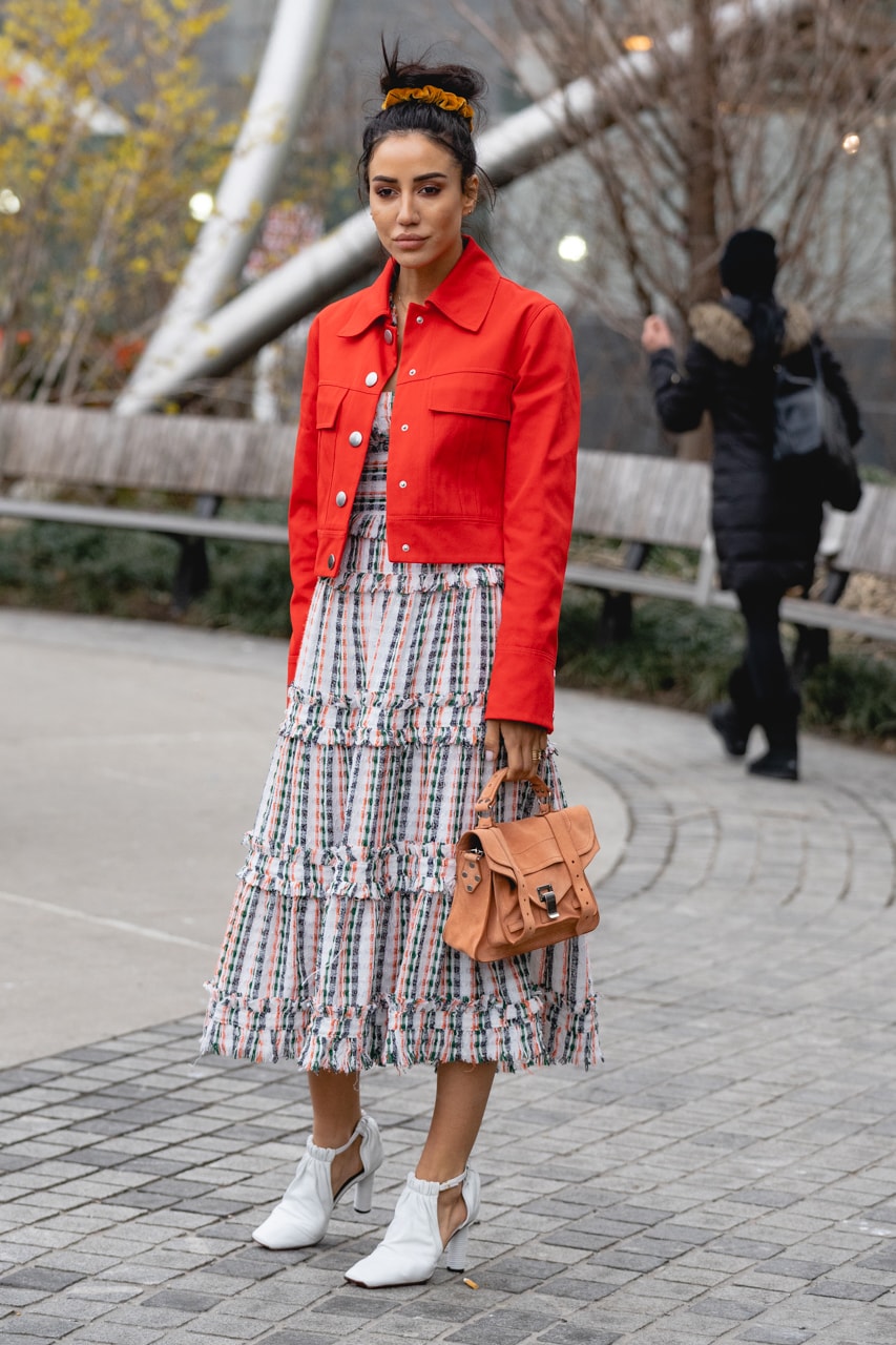 New York Fashion Week Fall Winter 2019 Street Style Snaps Coat Red Floral Skirt Blue White