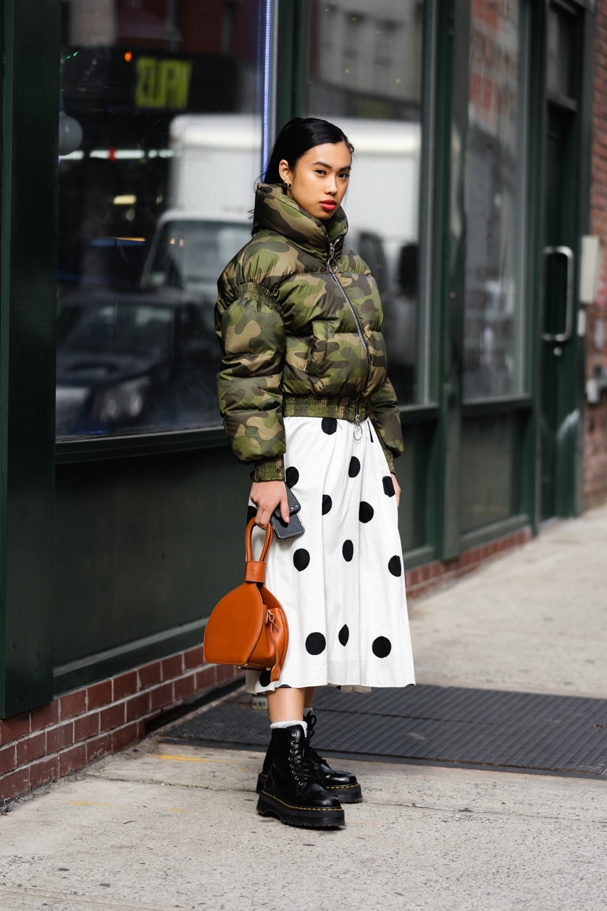 New York Fashion Week Fall Winter 2019 Street Style Snaps Miso Dam Jacket Green Skirt White Black