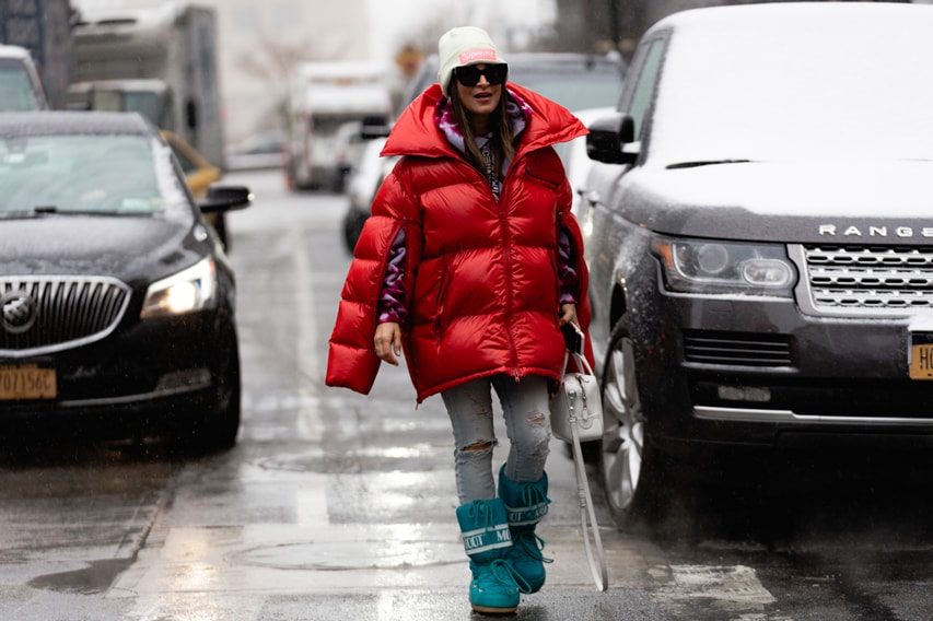 New York Fashion Week Fall Winter 2019 Street Style Snaps Bubble Coat Red Boots Blue