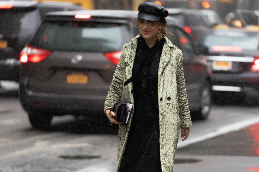 New York Fashion Week Fall Winter 2019 Street Style Snaps Coat Green Hat Sweater Black