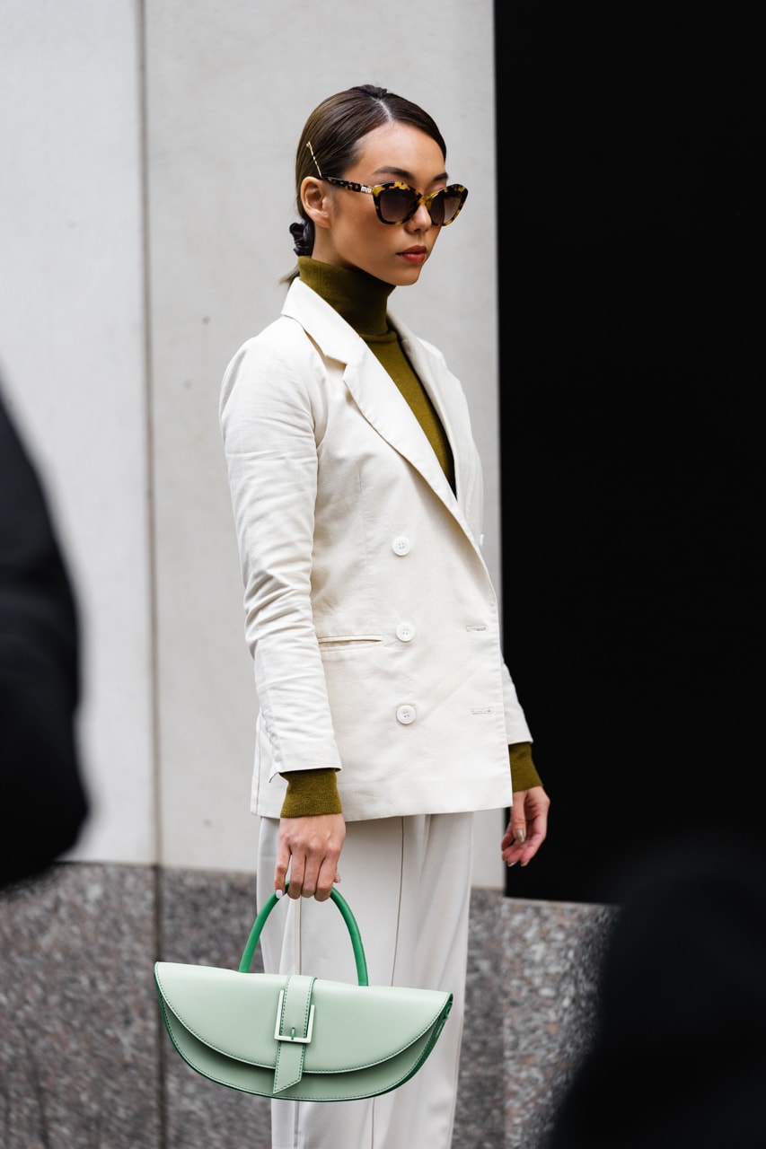 New York Fashion Week Fall Winter 2019 Street Style Snaps Coat White Bag Green