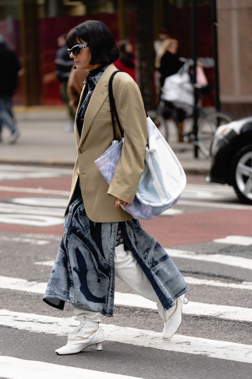 New York Fashion Week Fall Winter 2019 Street Style Snaps Coat Brown Pants Blue Boots White