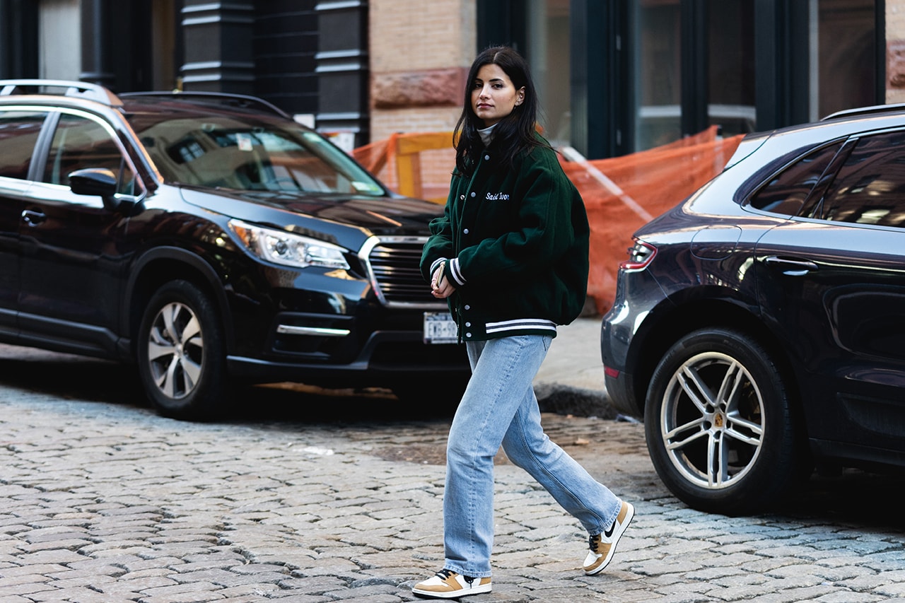 new york fashion week nyfw fall winter 2019 fw19 street style blogger influencer saint ivory jacket jeans nike air jordan sneakers