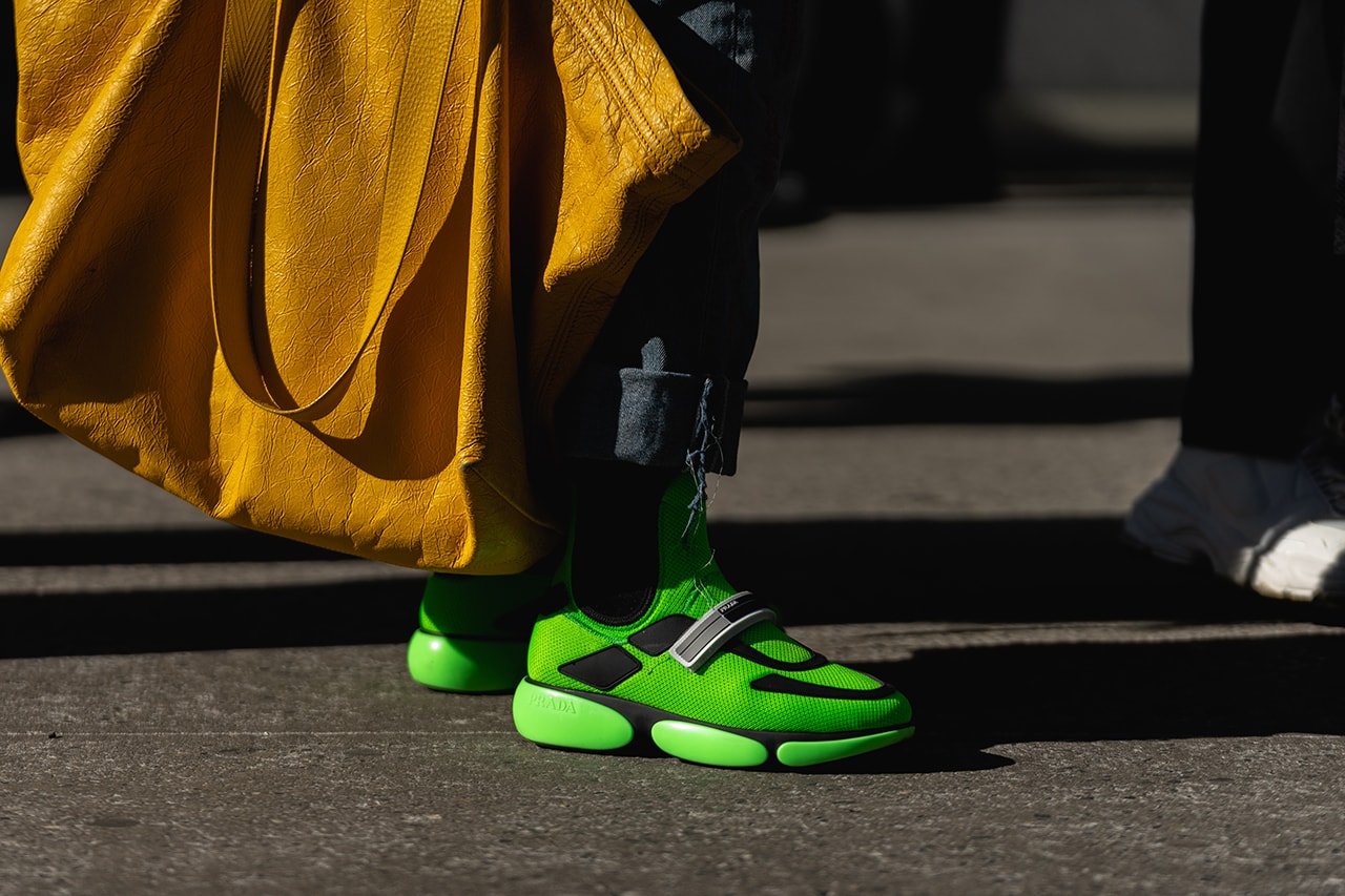 new york fashion week nyfw fall winter 2019 fw19 street style prada cloudbust sneakers green neon