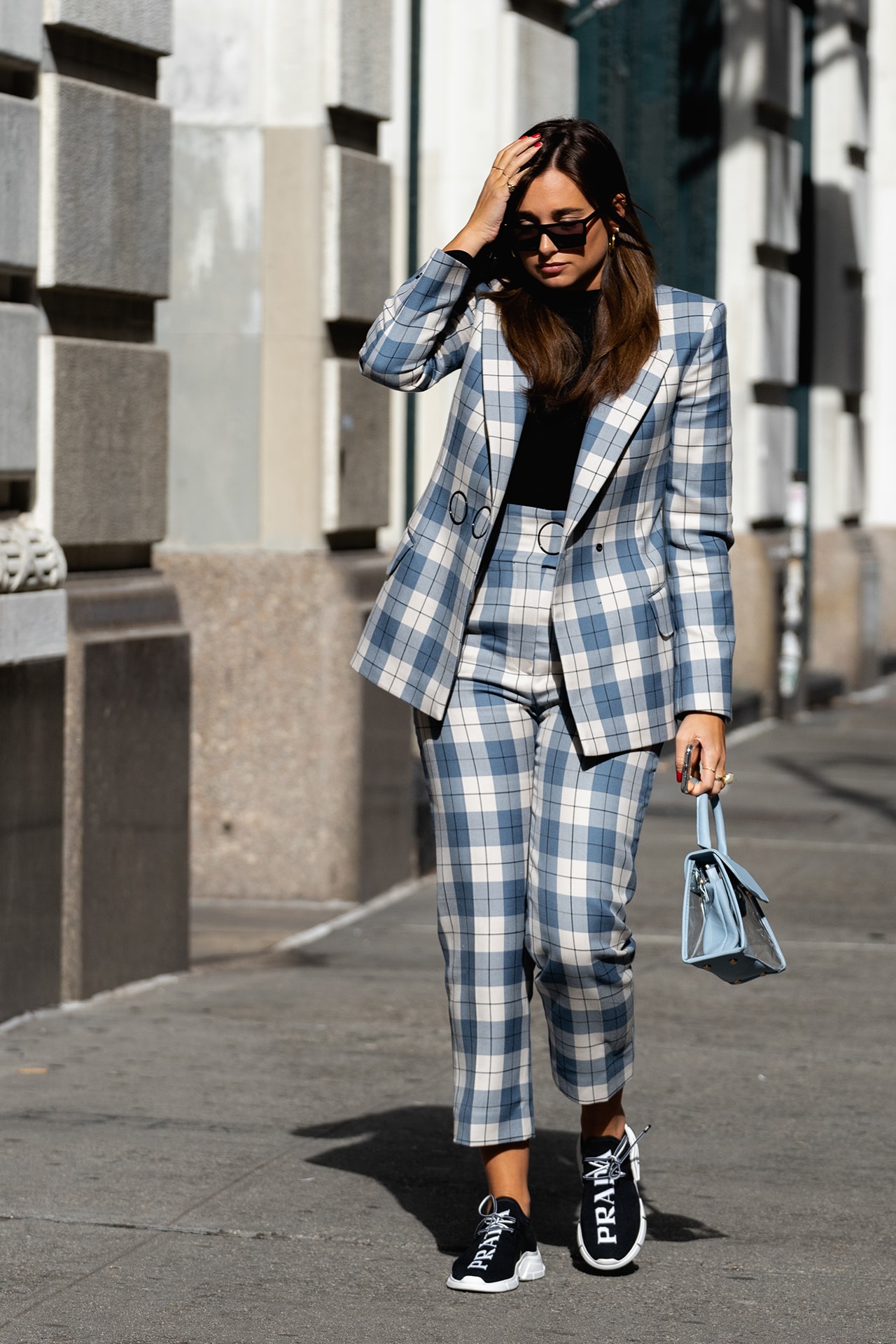 new york fashion week nyfw fall winter 2019 fw19 street style blogger influencer prada logo sneakers blazer suit plaid