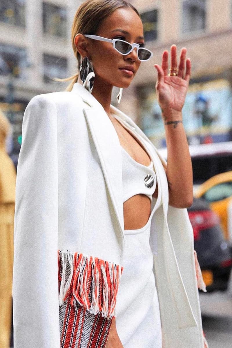 Karrueche Tran New York Fashion Week Fall Winter 2019 FW19 Street Style 3.1 Phillip Lim Sunglasses Dress Whiite Celebrity Front Row