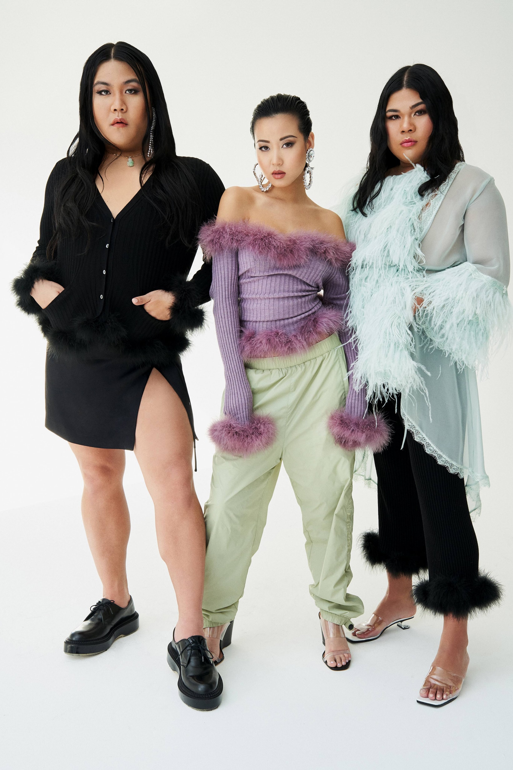Opening Ceremony Fall Winter 2019 Lookbook The Glam Collective Top Skirt Black Shirt Purple Pants Green Shawl Blue