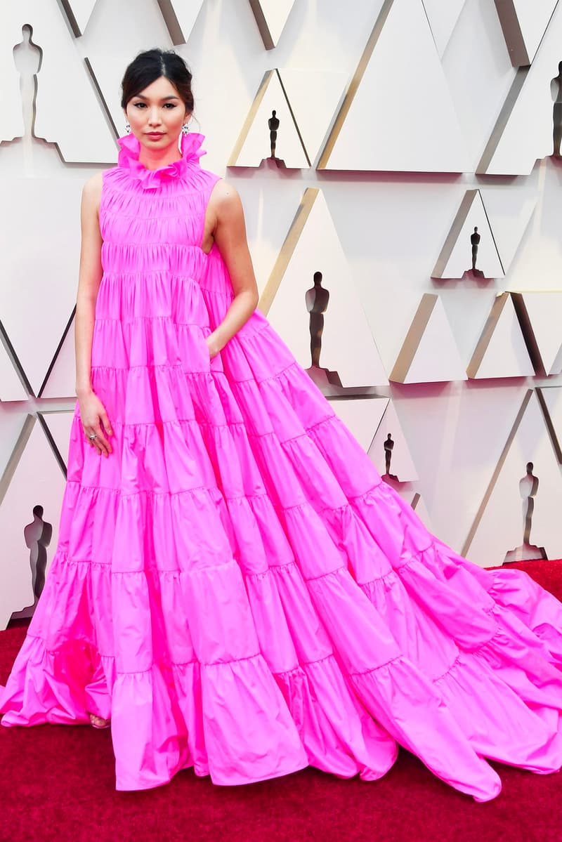 Gemma Chan Crazy Rich Asians Oscars 2019 91Jeff Kravitz/Getty Images Red Carpet Pink Neon Gown Dress