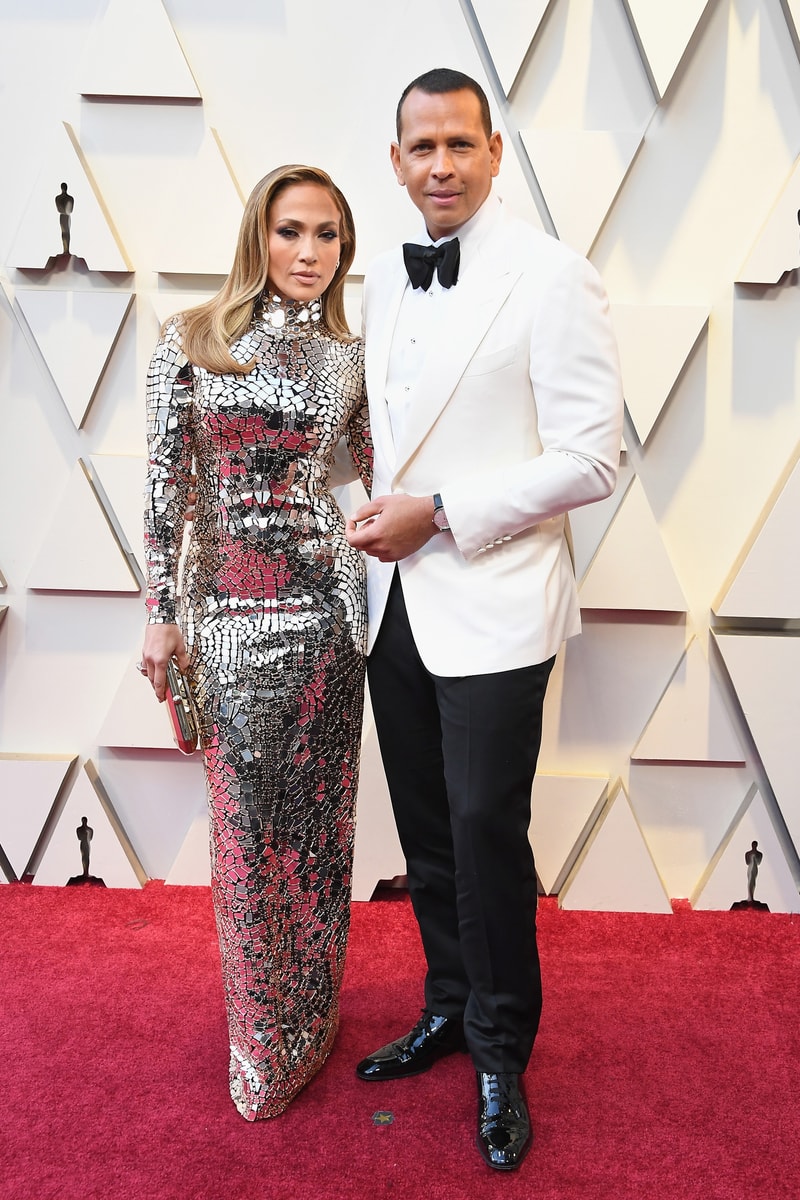2019 Oscars Red Carpet Jennifer Lopez Tom Ford Dress Silver ARod Tux White Black