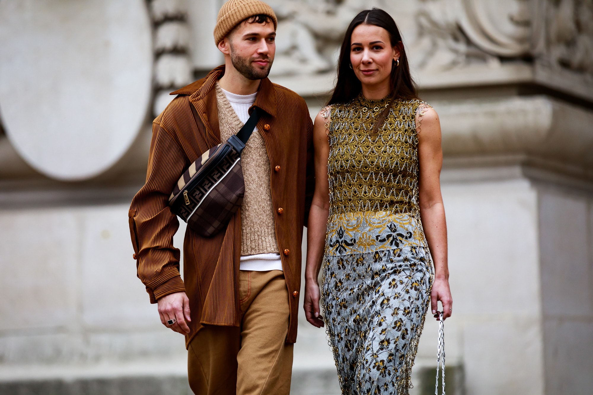 Paris Fashion Week Street Style Fall Winter 2019 Sweater Brown Top Green Skirt Grey