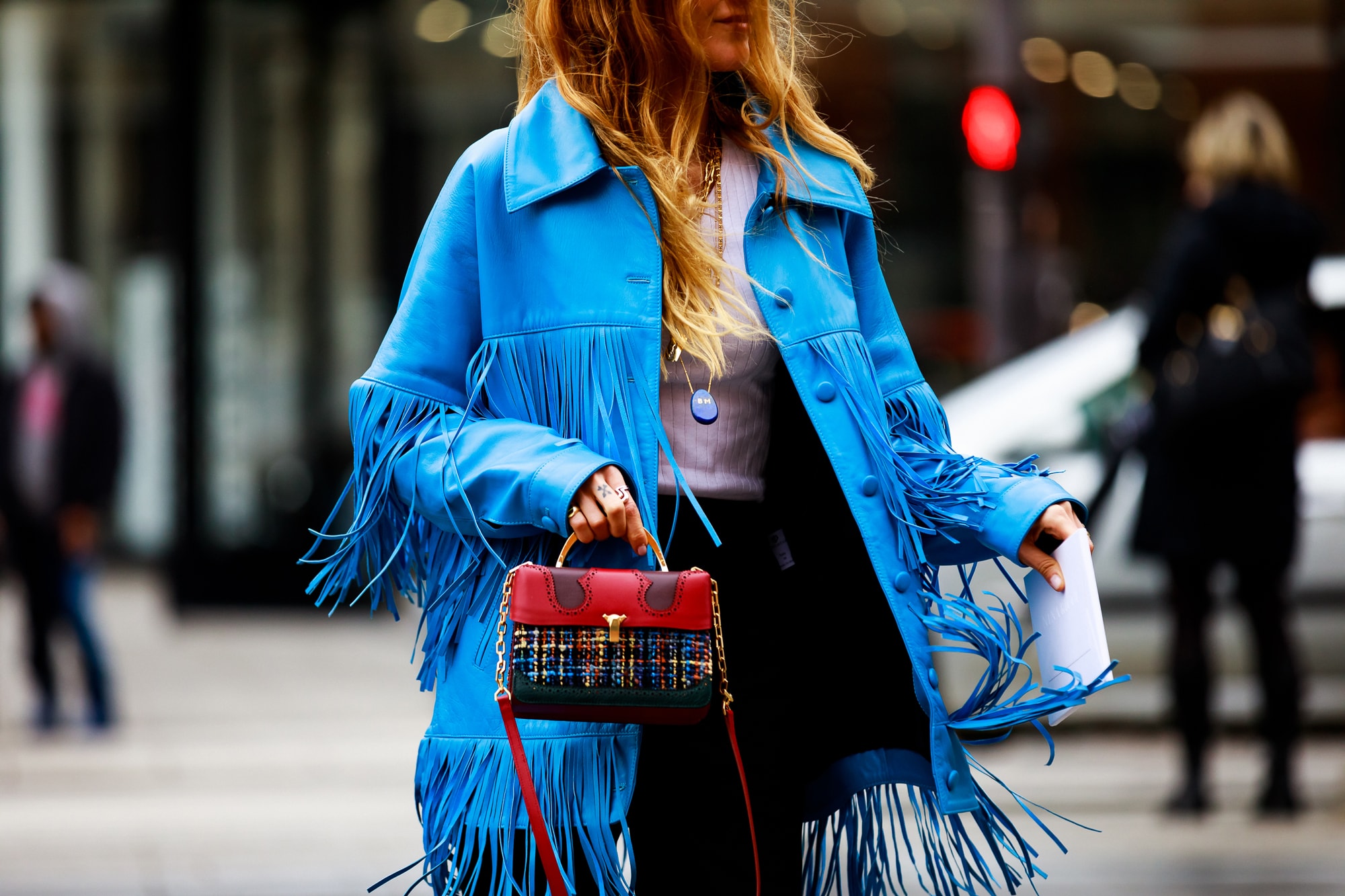 Paris Fashion Week Street Style Fall Winter 2019 Jacket Blue Bag Red Black