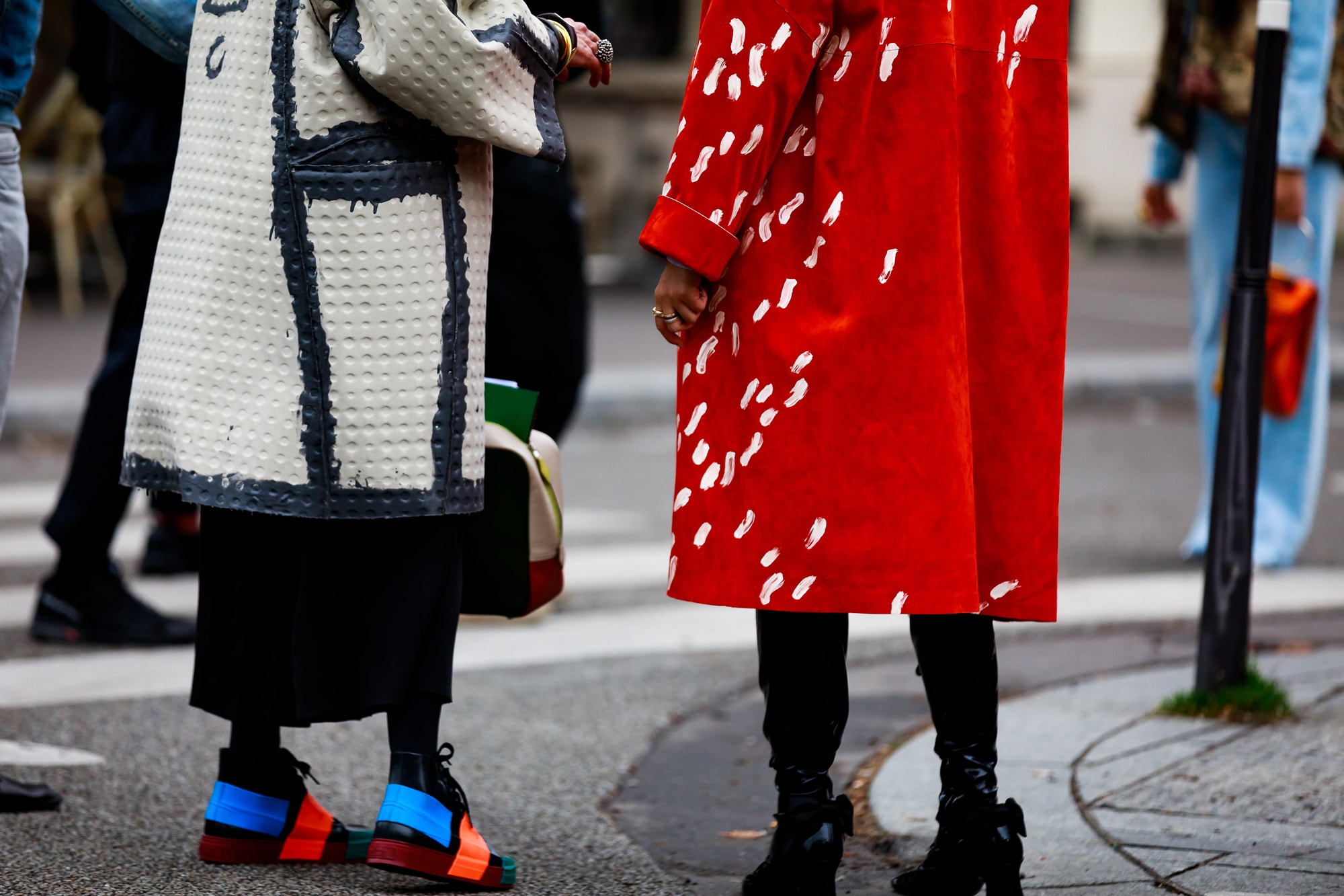 Paris Fashion Week Street Style Fall Winter 2019 Jackets Tan Red Shoes Blue