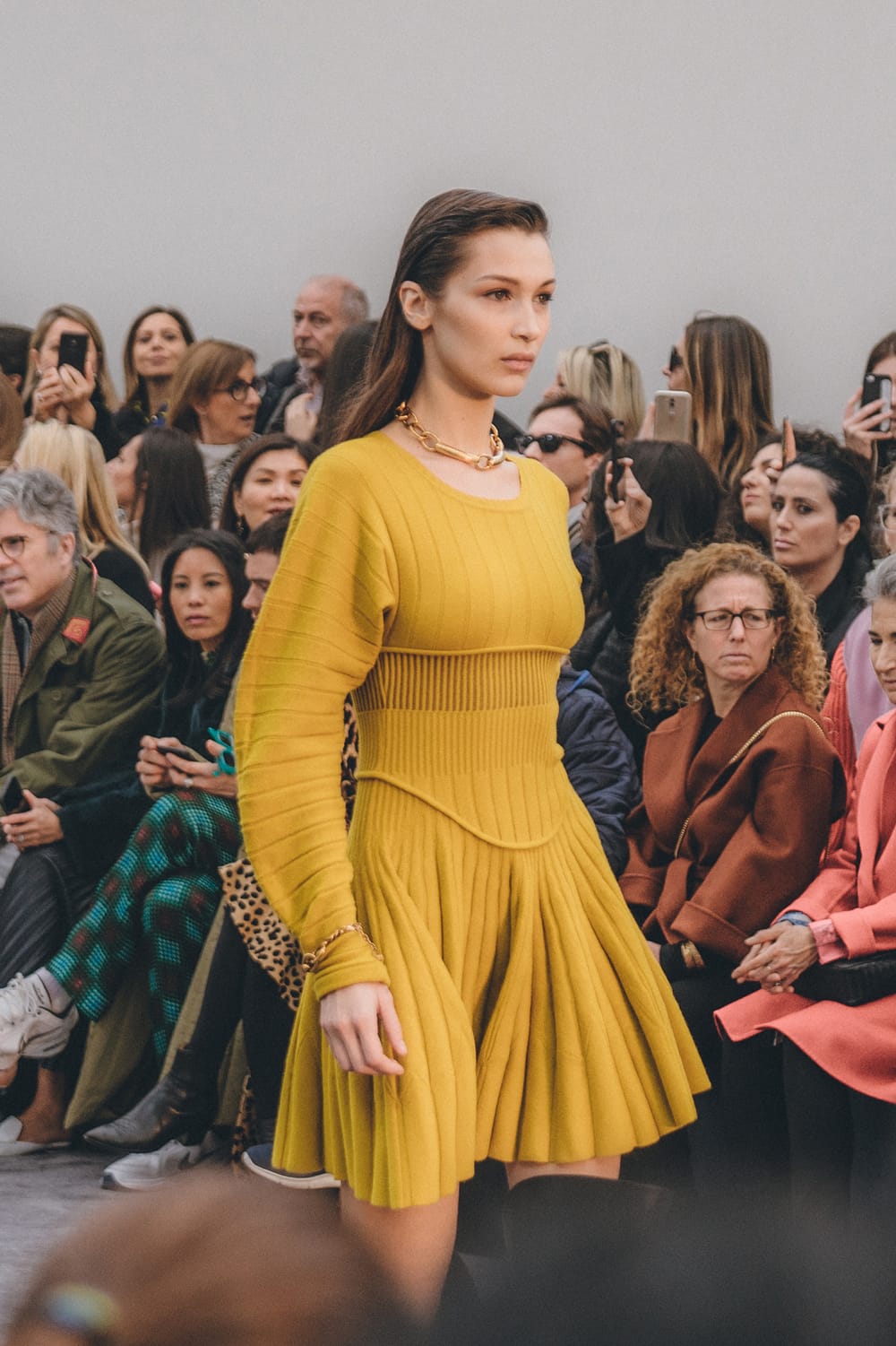 roberto cavalli fall winter 2019 fw19 runway show milan fashion week bella hadid yellow dress