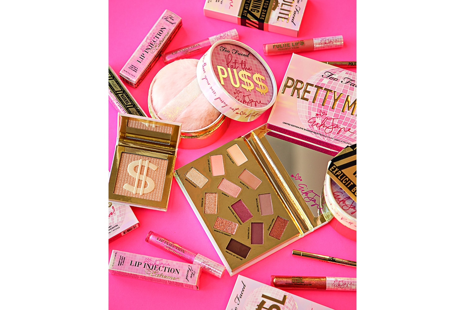 Too Faced "Pretty Mess" Makeup Collection Erika Jayne Real Housewives of Beverly Hills Beauty Range Cosmetics Lip Plumper Lip Injection Eyeshadow Palette Release