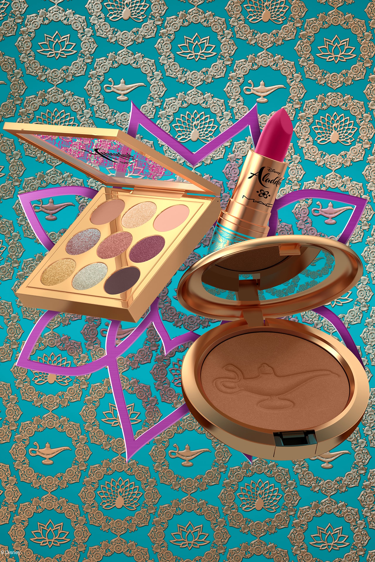 Disney x MAC Cosmetics Aladdin Makeup Collaboration bronzer lamp eyeshadow palette lipstick packaging Jasmine Princess 2019 Beauty