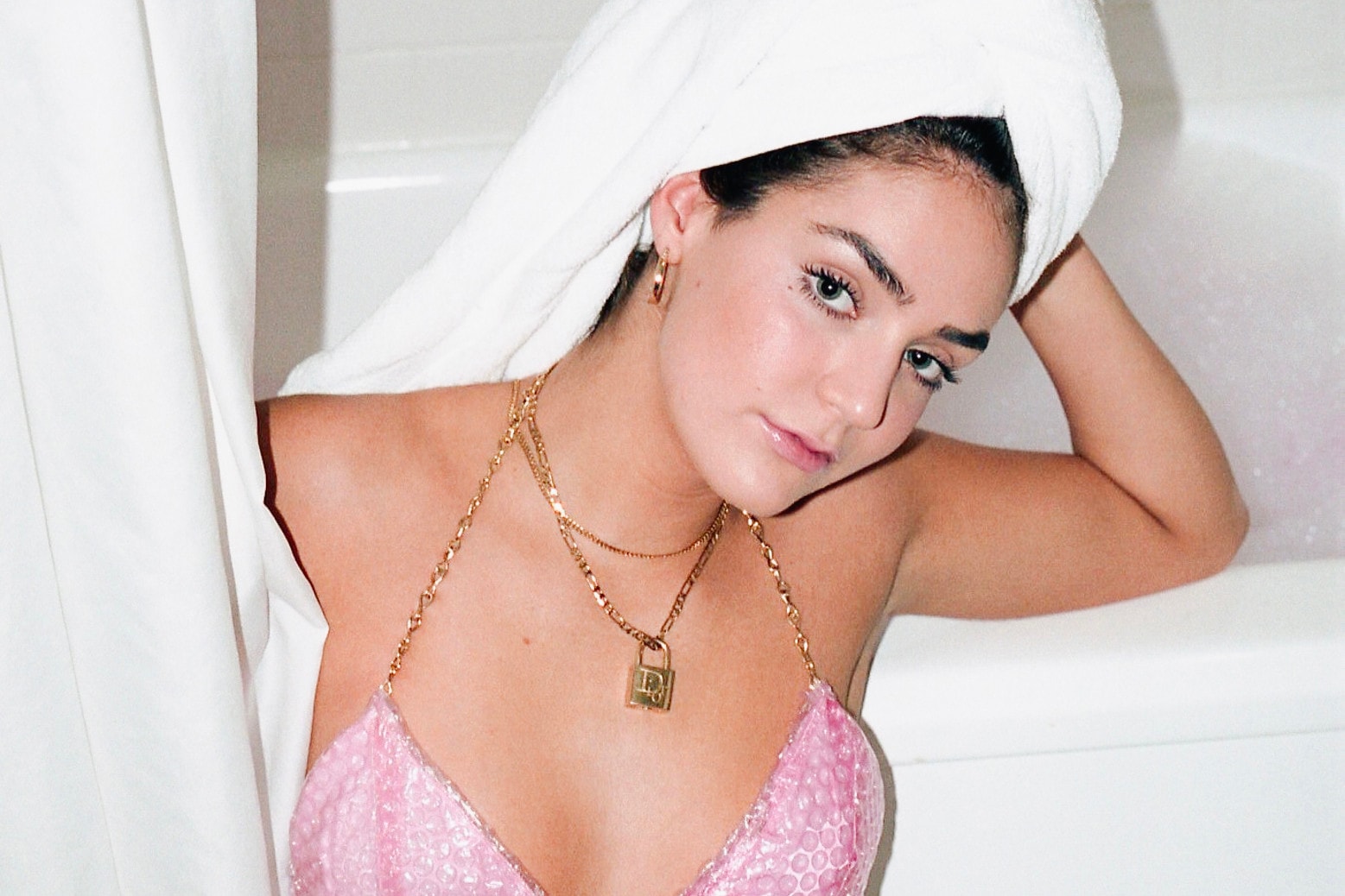 Glossier Pink Pouch Bikini Top Rework Gold Chain Frankie Collective Necklace Towel Skincare Beauty Makeup Editorial Bathroom