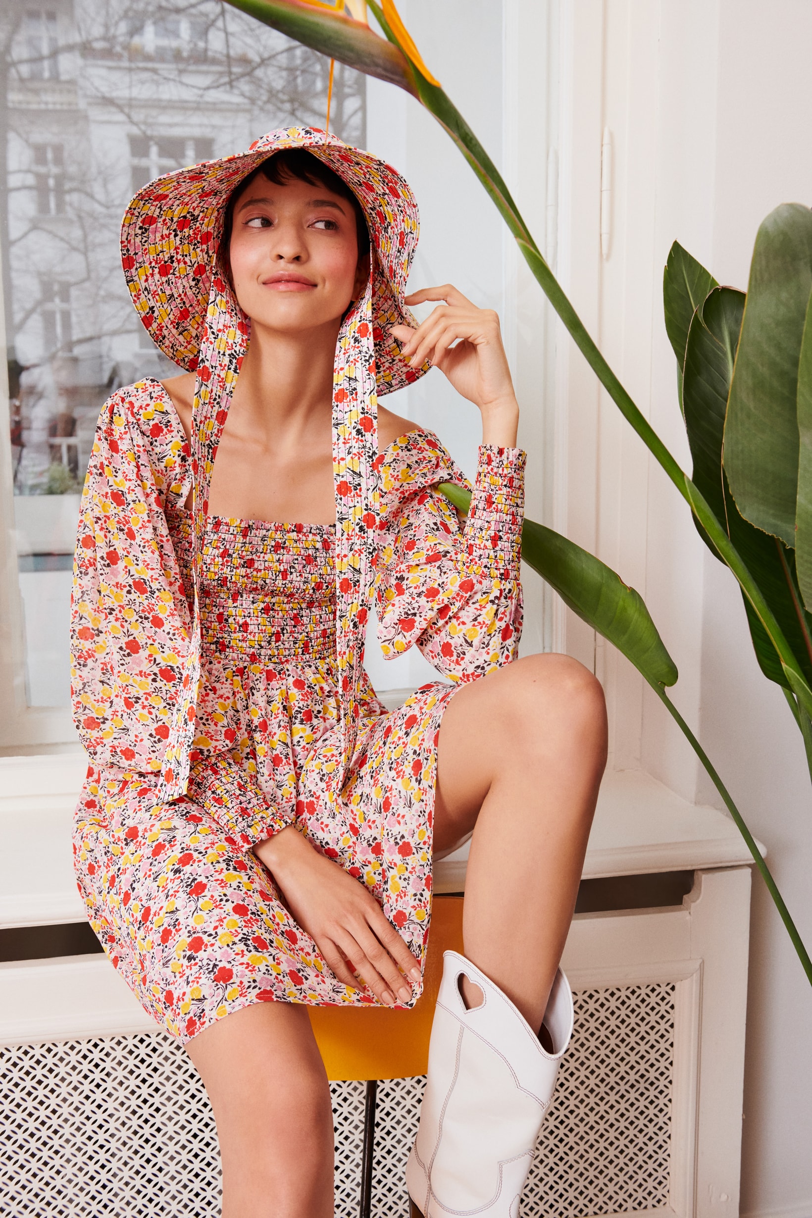 GANNI x mytheresa.com Spring Summer 2019 Capsule Collection Floral Dress Bucket Hat Red Blue Yellow Cowboy Boots White