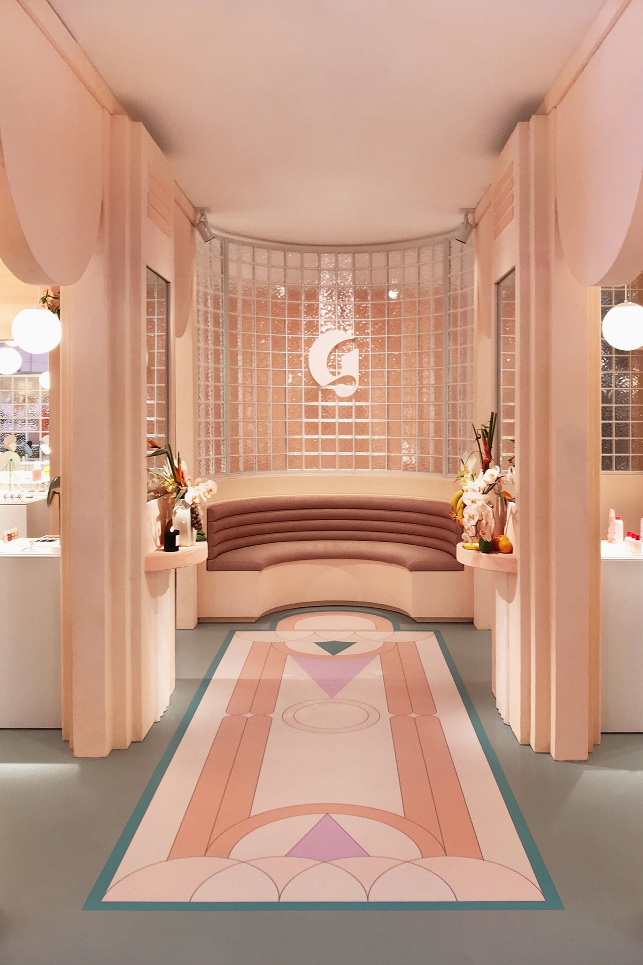 Glossier Miami Pop-Up Store 2019 Interior Emily Weiss Makeup Skincare Fragrance Beauty Cosmetics Pink Millennial Pastel Art Deco Design Mural Jacquie Comrie